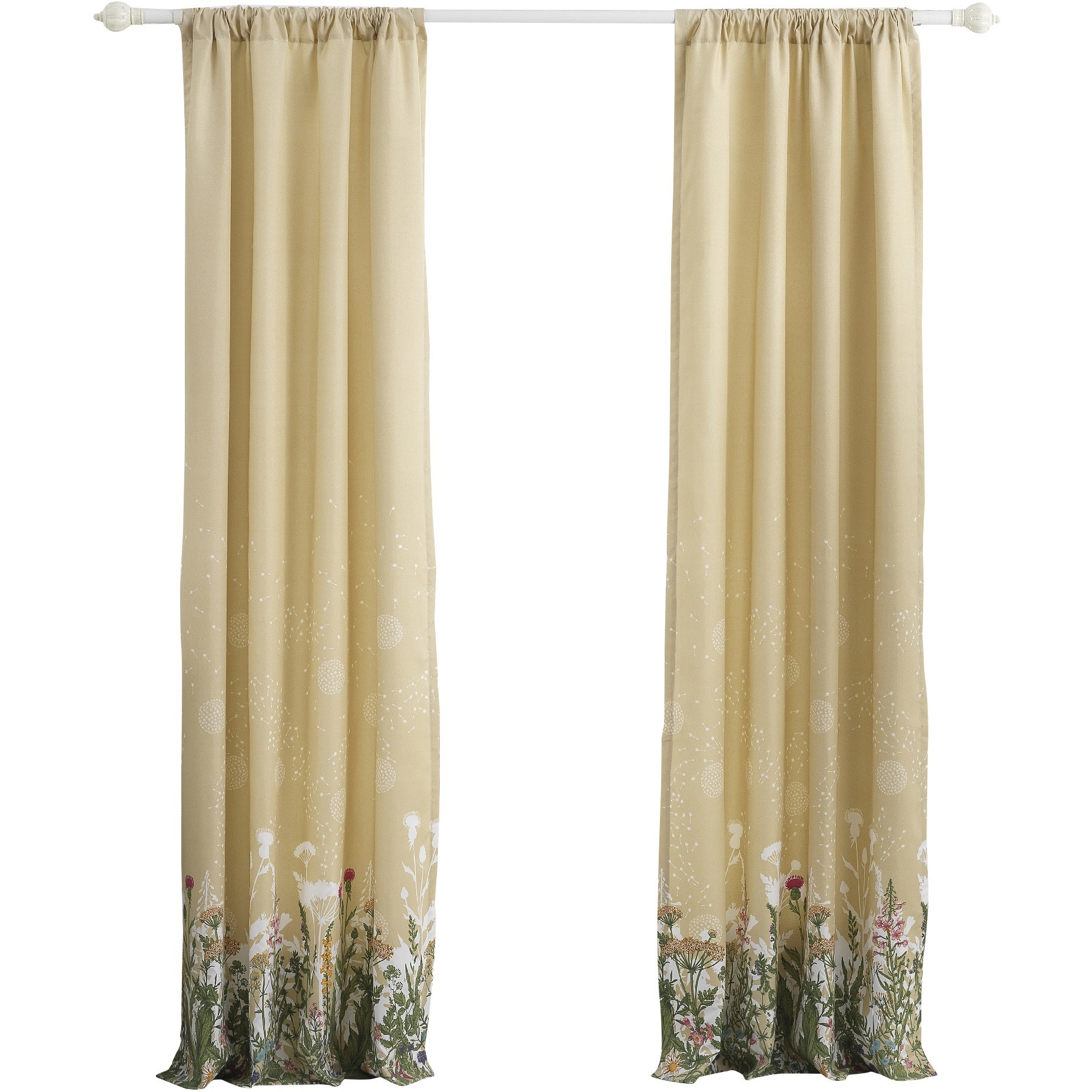 84 Inch Window Curtains, Beige Microfiber Fabric, Wildflower Print Design