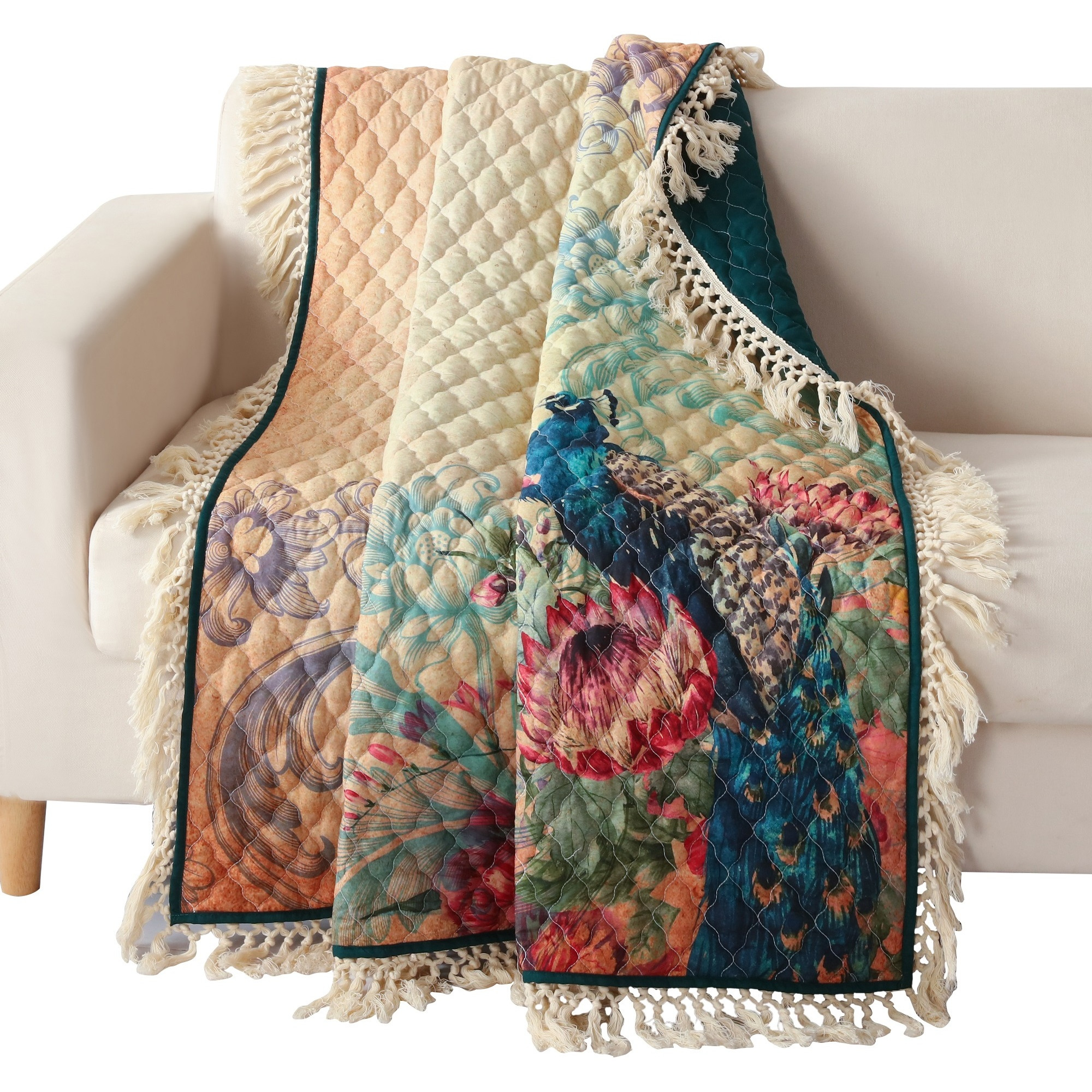 Ufa 60 Inch Quilted Throw Blanket, Blue Microfiber, Peacock, Floral Design