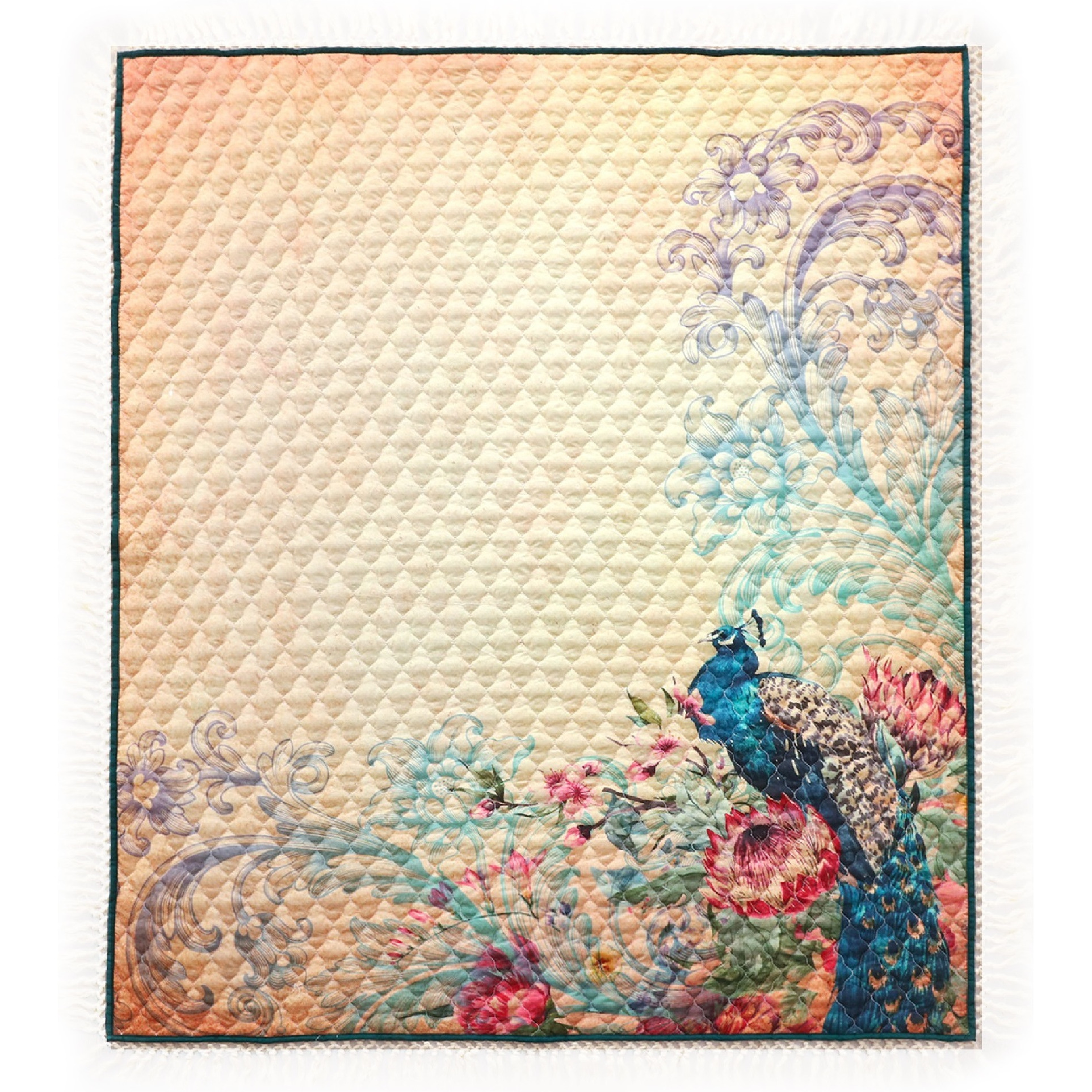 Ufa 60 Inch Quilted Throw Blanket, Blue Microfiber, Peacock, Floral Design