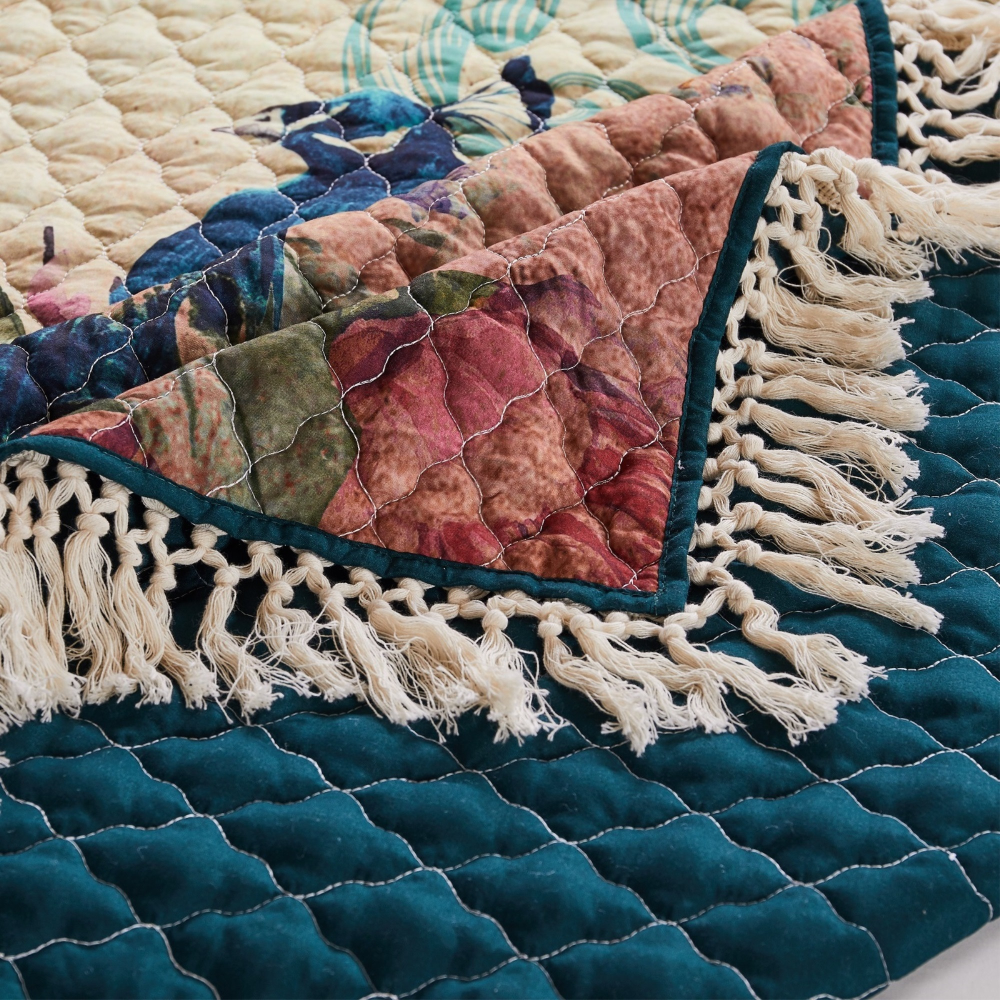 Ufa 60 Inch Quilted Throw Blanket, Blue Microfiber, Peacock, Floral Design