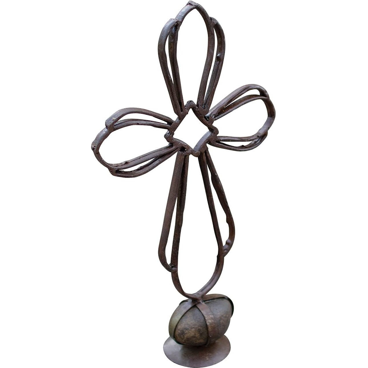 RECYCLED METAL SISTER CLARAS CROSS ON A CAGED ROCK BASE