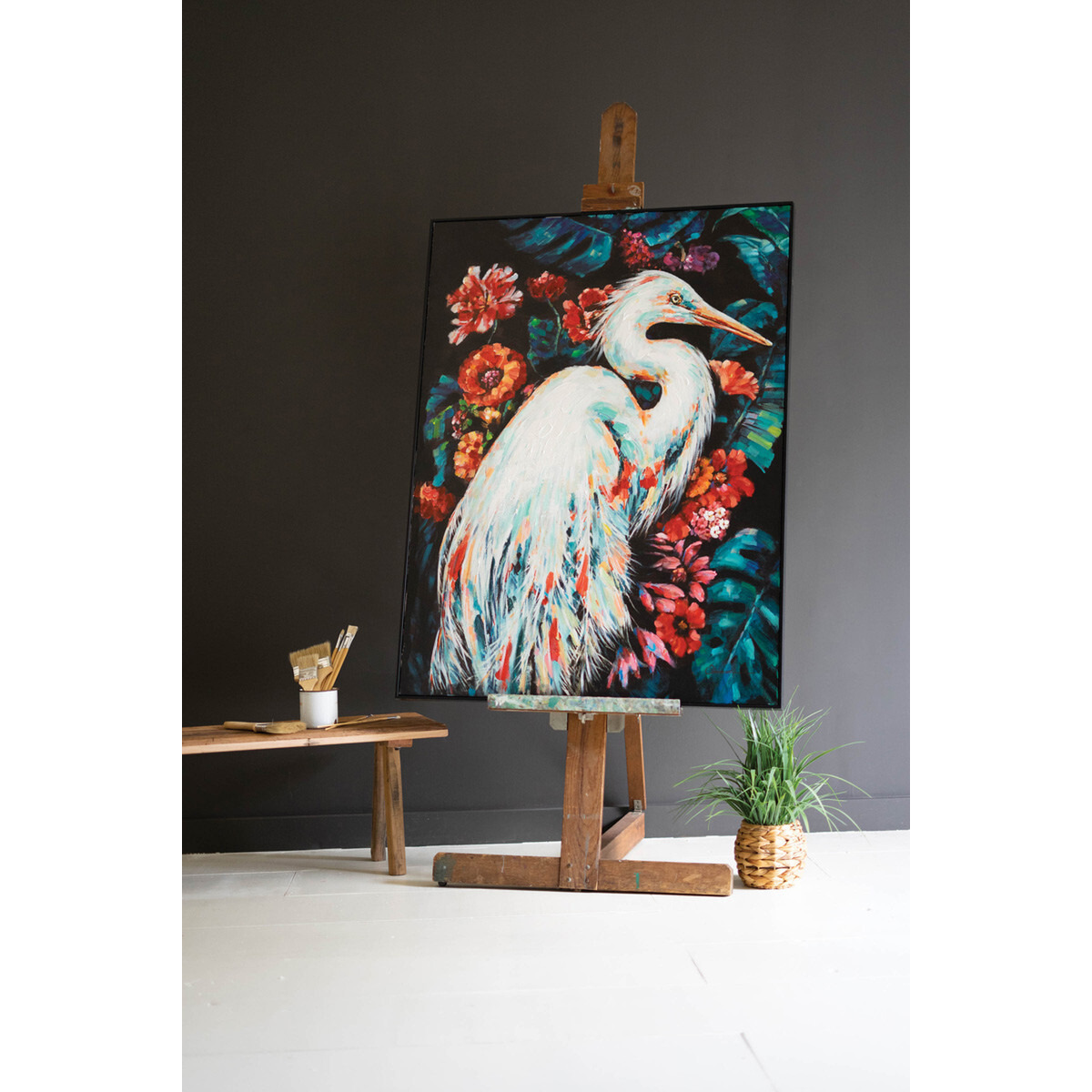 FRAMED OIL PAINTING - HERON WITH FLOWERS