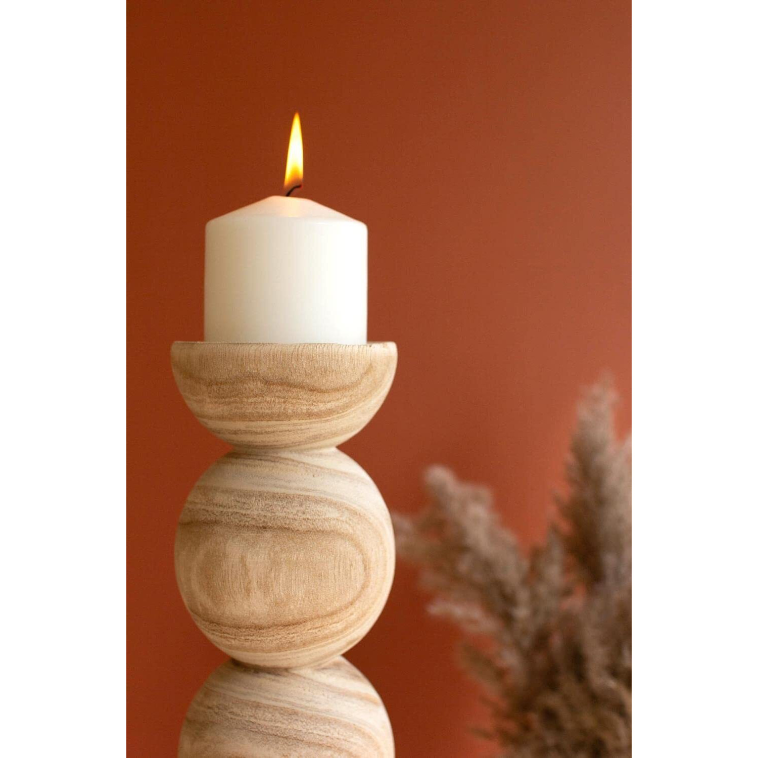 SET OF TWO HAND CARVED WOODEN STACKED BALL CANDLE HOLDERS
