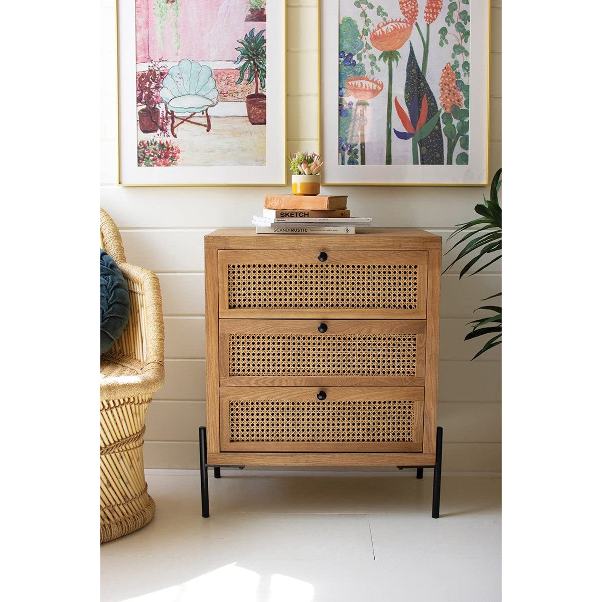 WOOD BEDSIDE TABLE WITH THREE WOVEN CANE DRAWERS