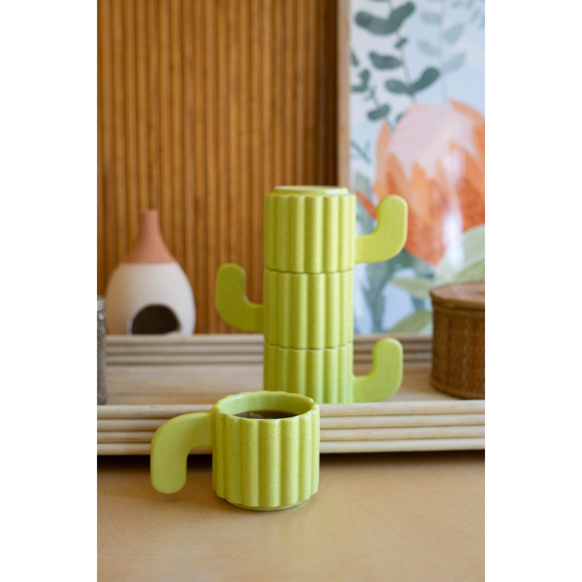 SET OF FOUR STACKING CERAMIC MUGS - CACTI MUGS