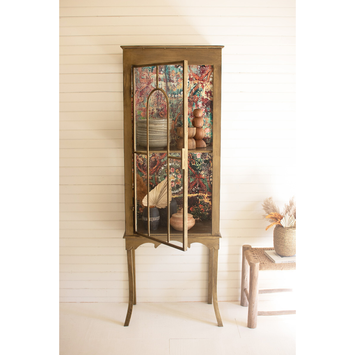 GOLD METAL AND GLASS CABINET WITH COLORFUL PRINT BACK
