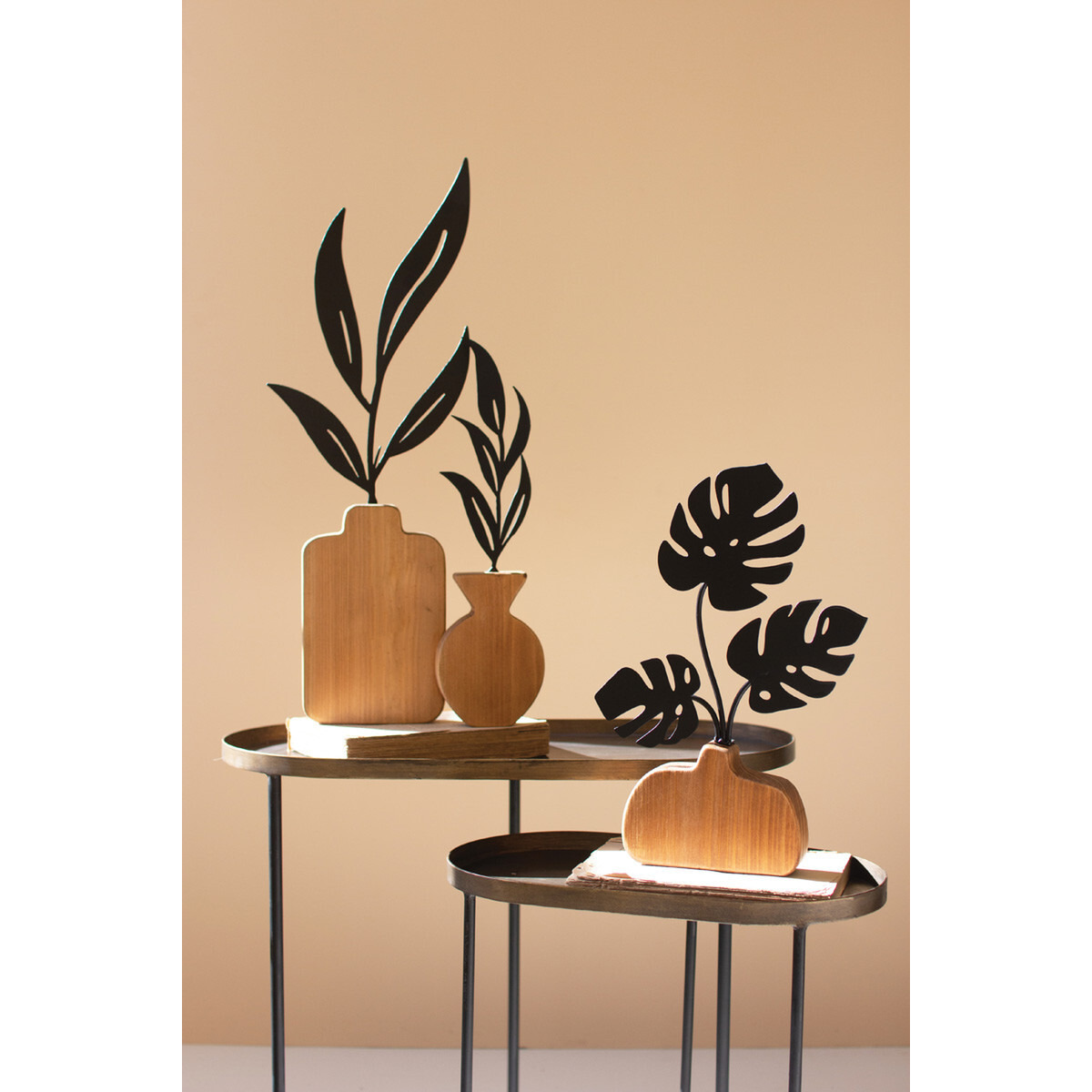 SET OF TWO WOOD AND METAL PLANT SCULPTURES
