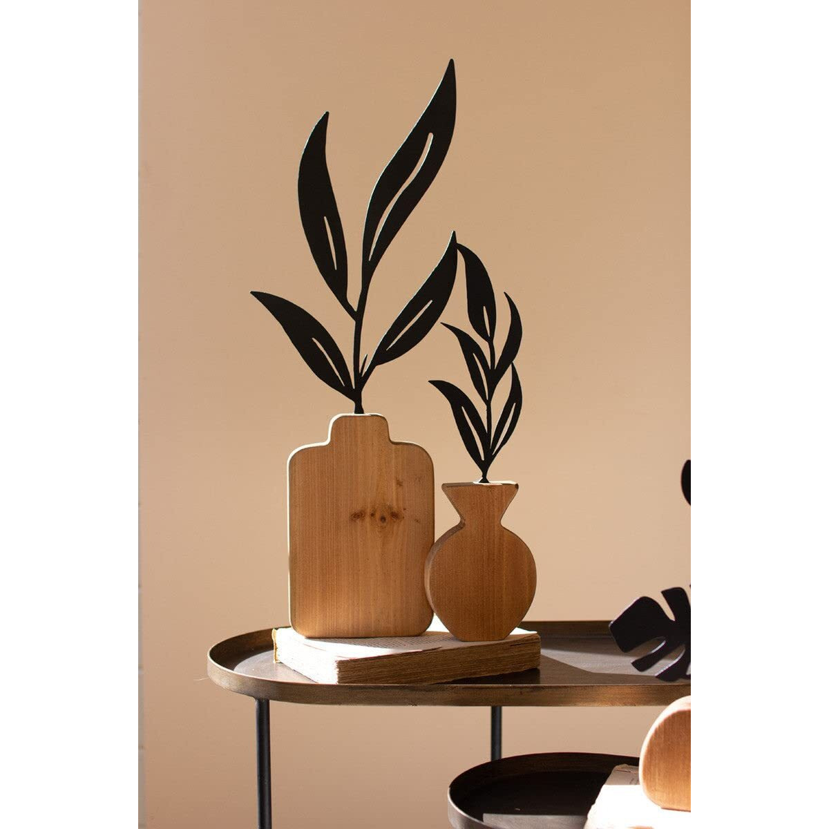 SET OF TWO WOOD AND METAL PLANT SCULPTURES