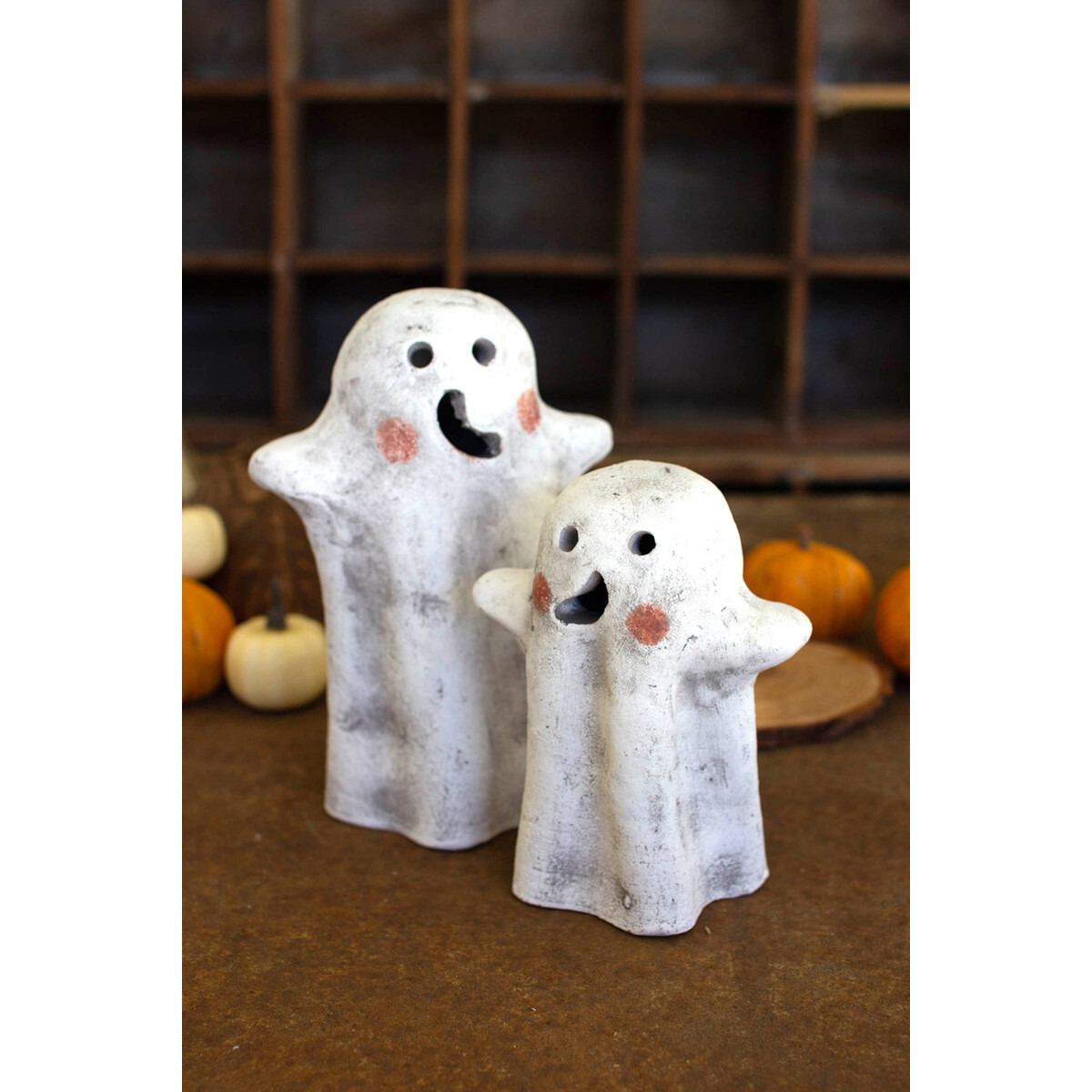 SET OF TWO TABLETOP CLAY GHOST LANTERNS