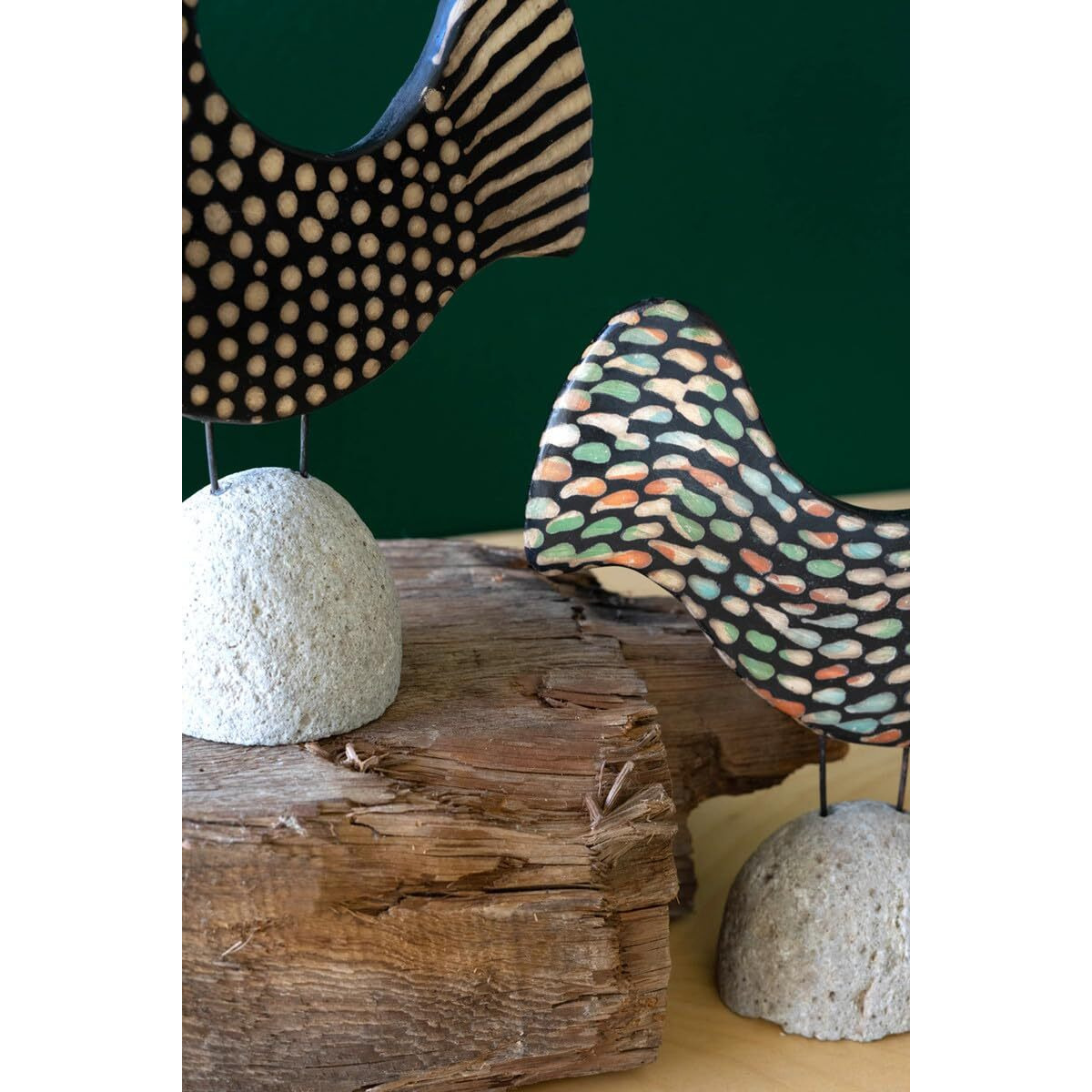 SET OF TWO CLAY LENCA BIRDS ON ROCK BASES