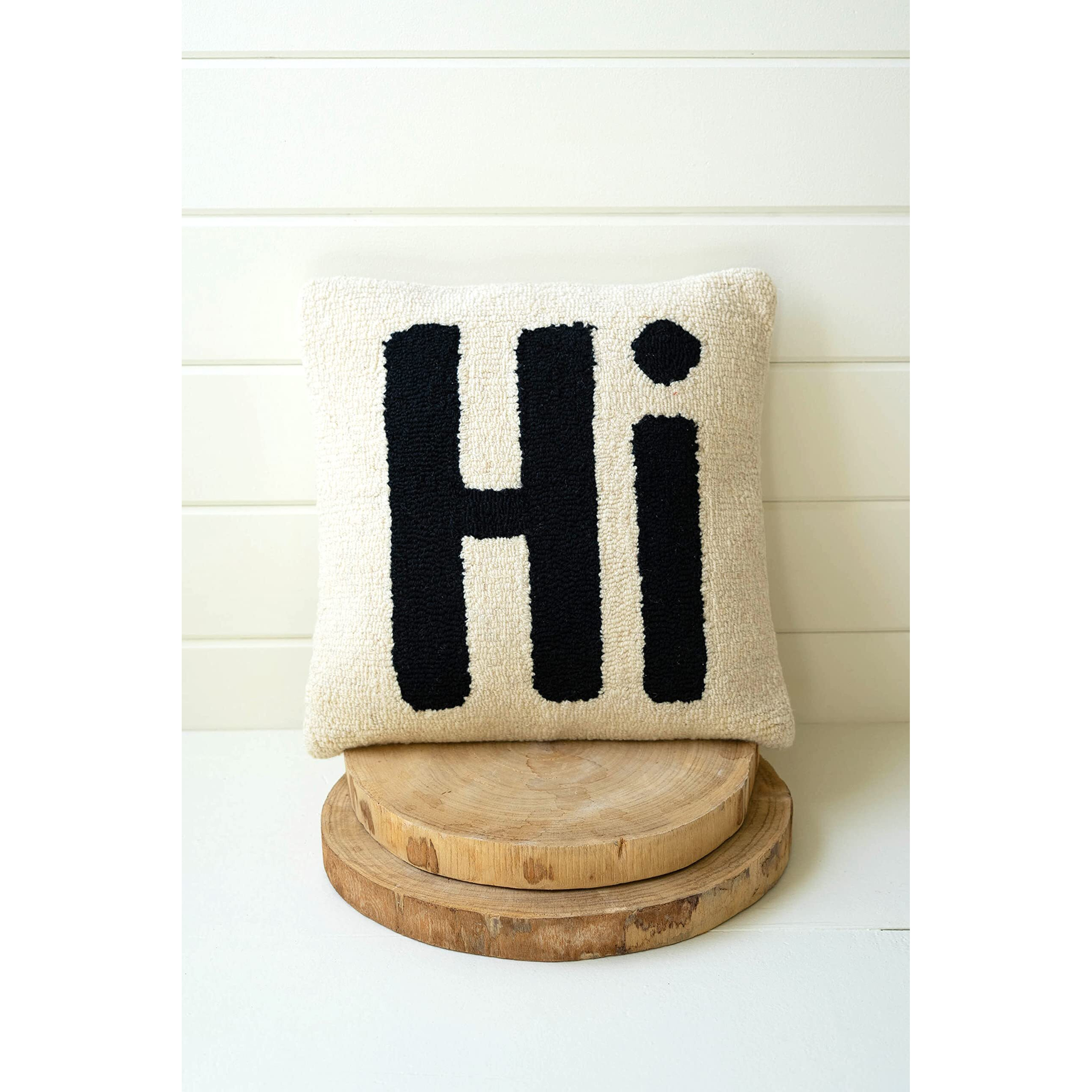 &quotHi" HAND-HOOKED PILLOW