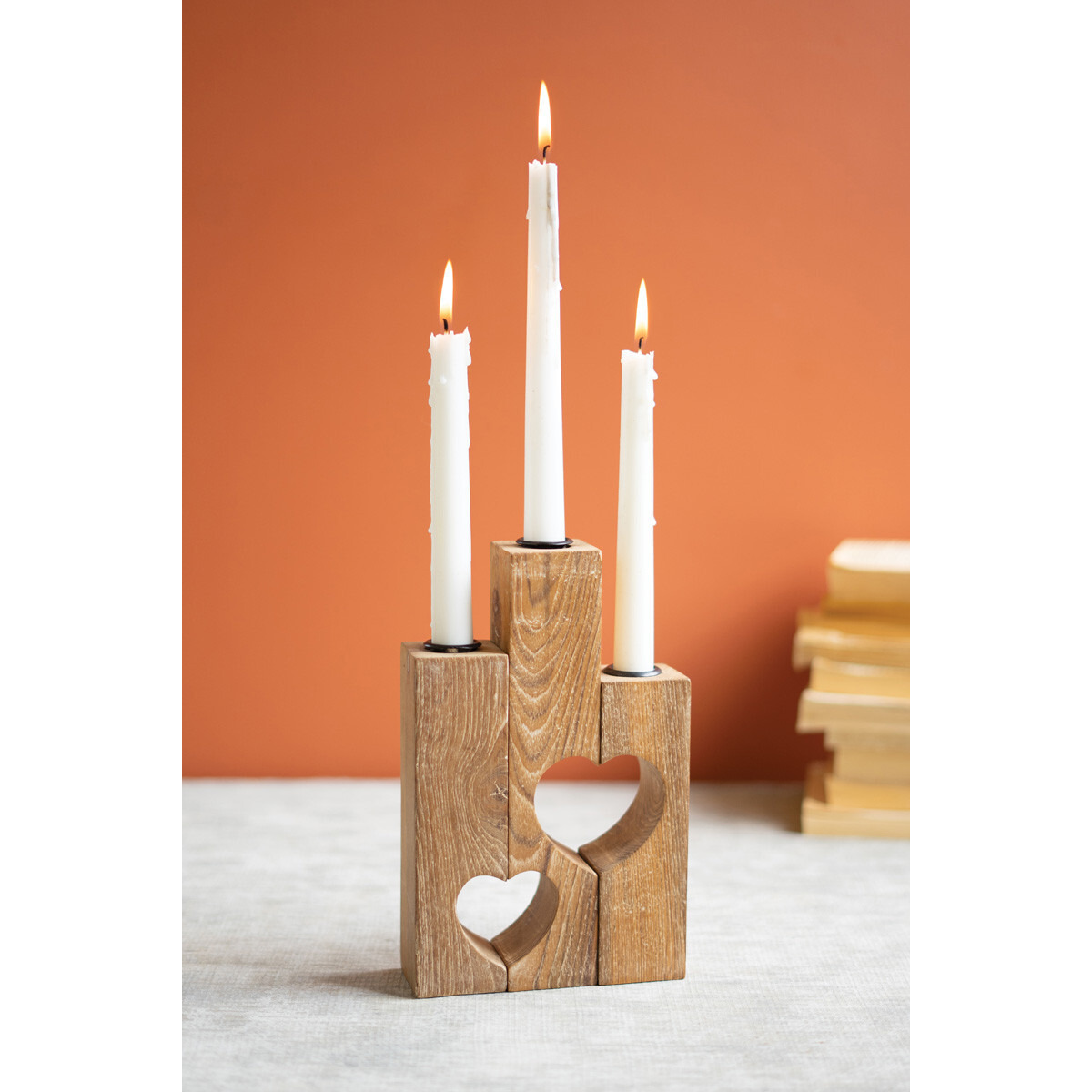 TRIPLE RECLAIMED HEART WOOD TAPER CANDLE HOLDER
