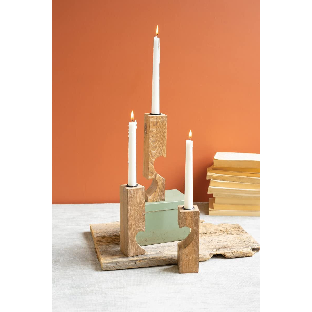 TRIPLE RECLAIMED HEART WOOD TAPER CANDLE HOLDER