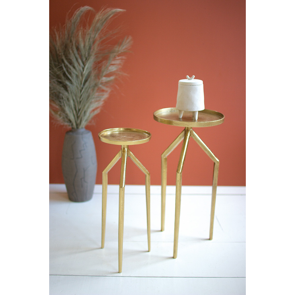 SET OF TWO ANTIQUE BRASS ALUMINUM COCKTAIL TABLES