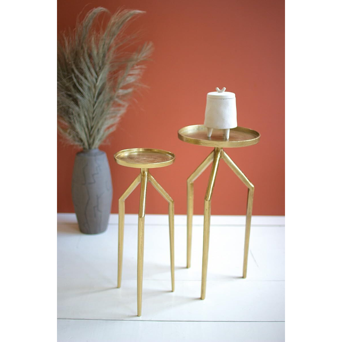 SET OF TWO ANTIQUE BRASS ALUMINUM COCKTAIL TABLES