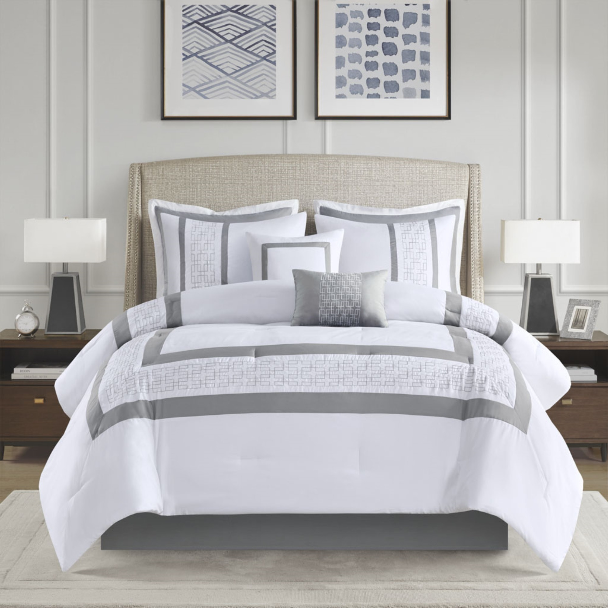 Ergode  8 Piece Embroidered Comforter Set - King Size, Hotel Style Luxury, White with Exquisite Embroidery, Hypoallergenic, Machine Washable