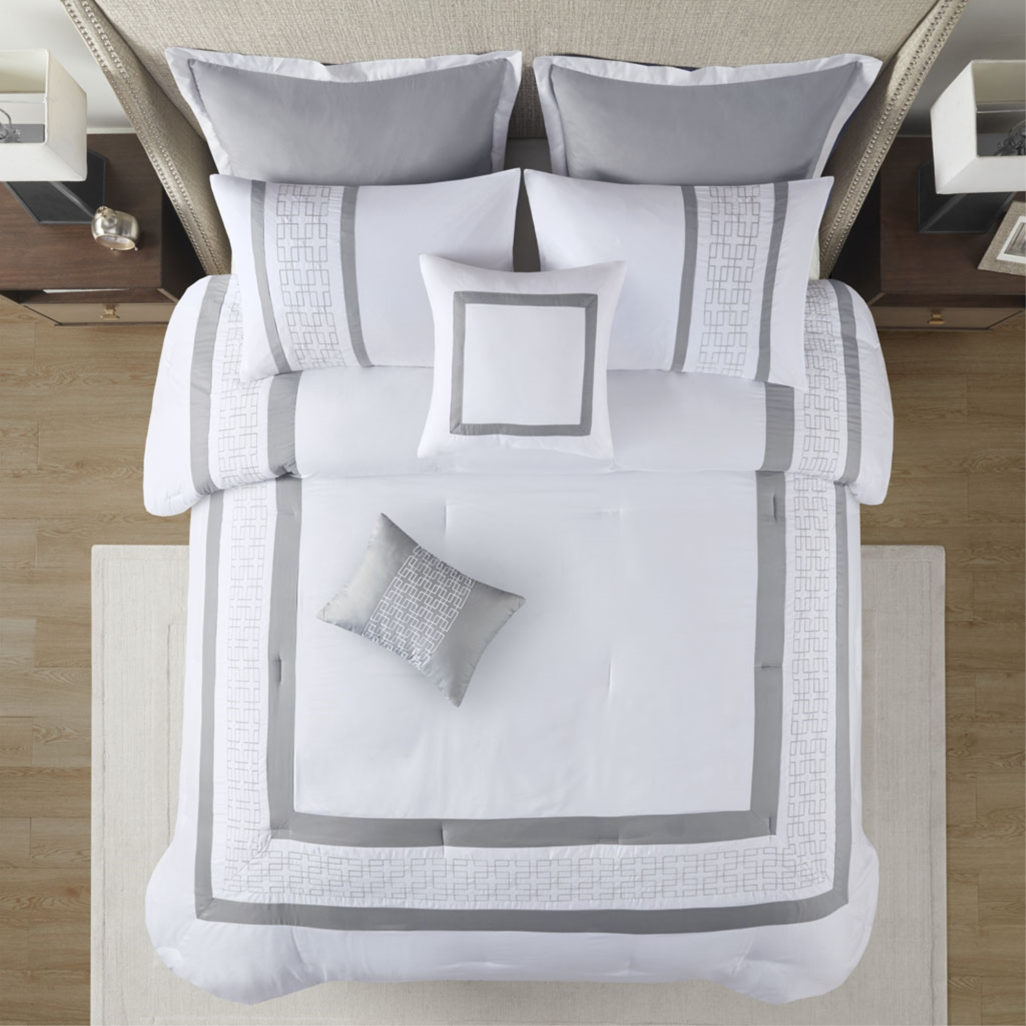 Ergode  8 Piece Embroidered Comforter Set - King Size, Hotel Style Luxury, White with Exquisite Embroidery, Hypoallergenic, Machine Washable