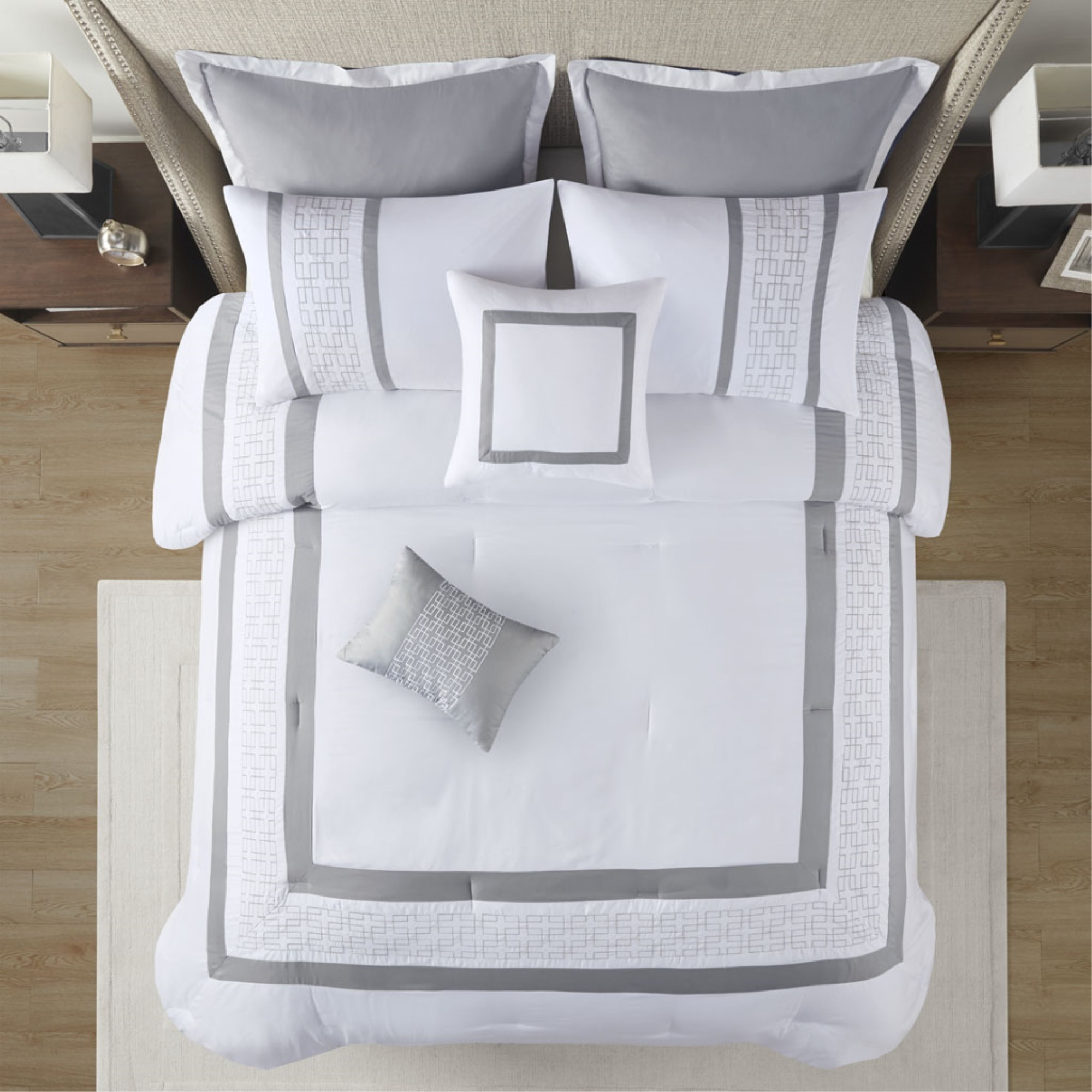 Ergode  8 Piece Embroidered Comforter Set - King Size, Hotel Style Luxury, White with Exquisite Embroidery, Hypoallergenic, Machine Washable
