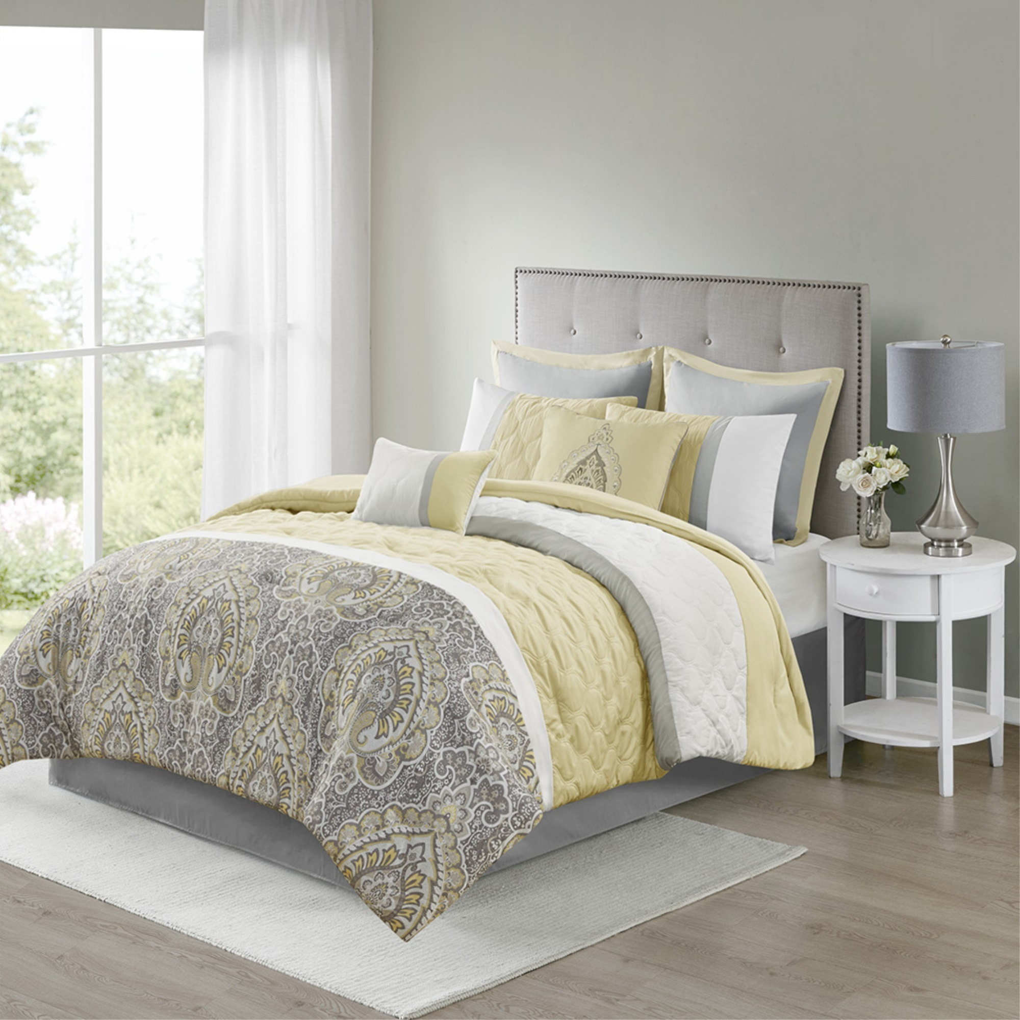 Ergode  8 Piece Comforter Set - King Size, Diamond Quilted Design, Damask Print, Yellow/Grey/Taupe, Includes Shams & Decorative Pillows