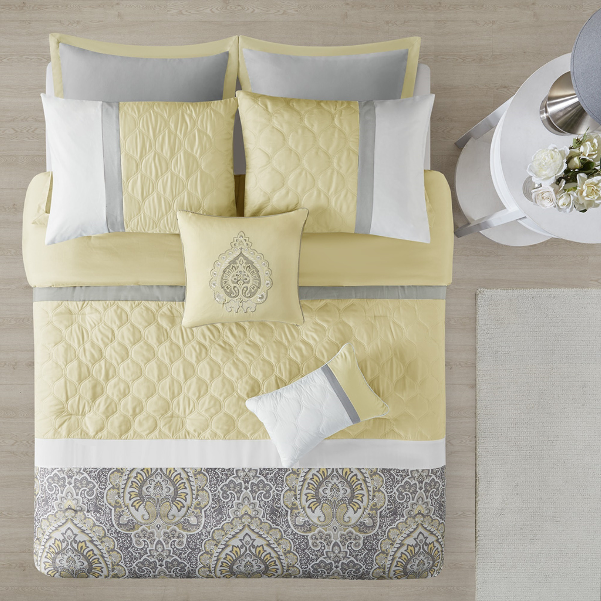 Ergode  8 Piece Comforter Set - King Size, Diamond Quilted Design, Damask Print, Yellow/Grey/Taupe, Includes Shams & Decorative Pillows