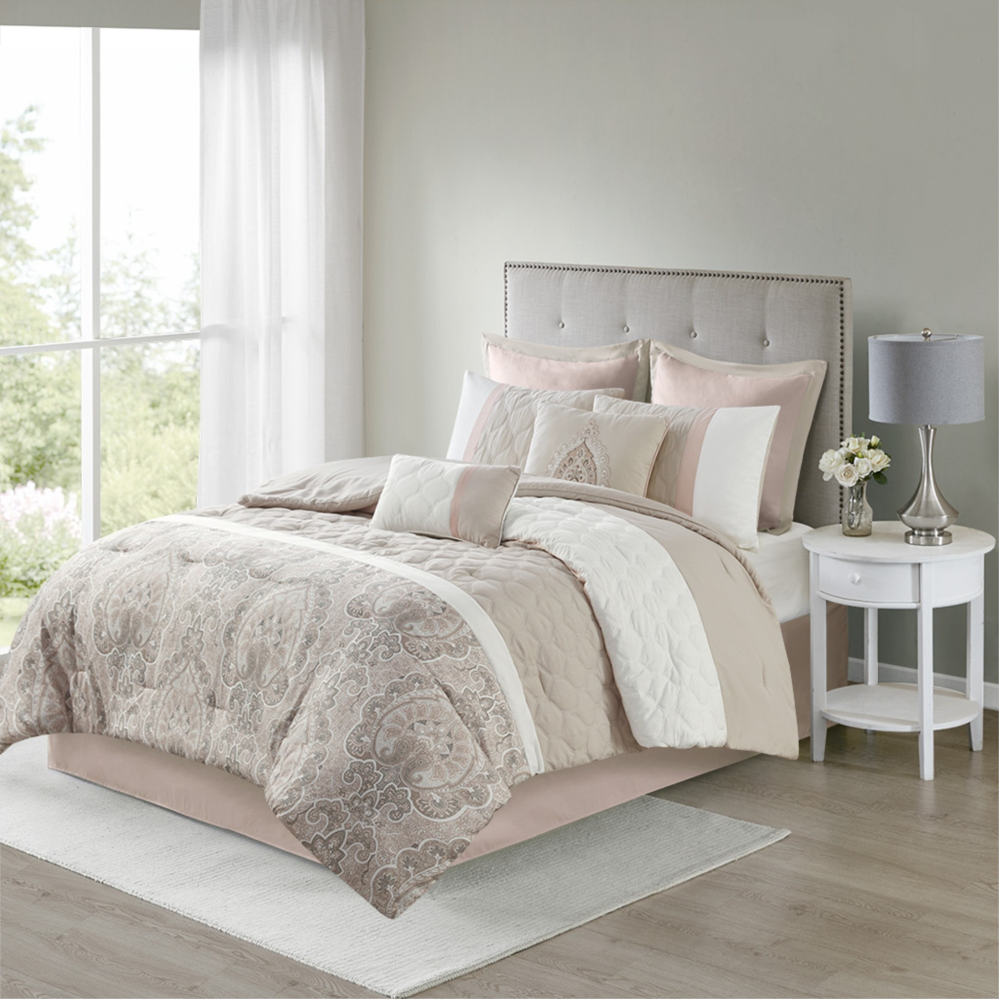 Ergode 8 Piece Comforter Set - Diamond Quilted Design, Blush and Taupe Damask Print, Ultra-Soft Microfiber, Hypoallergenic Polyester Fill, Machine Washable - Sophisticated Bedroom Charm