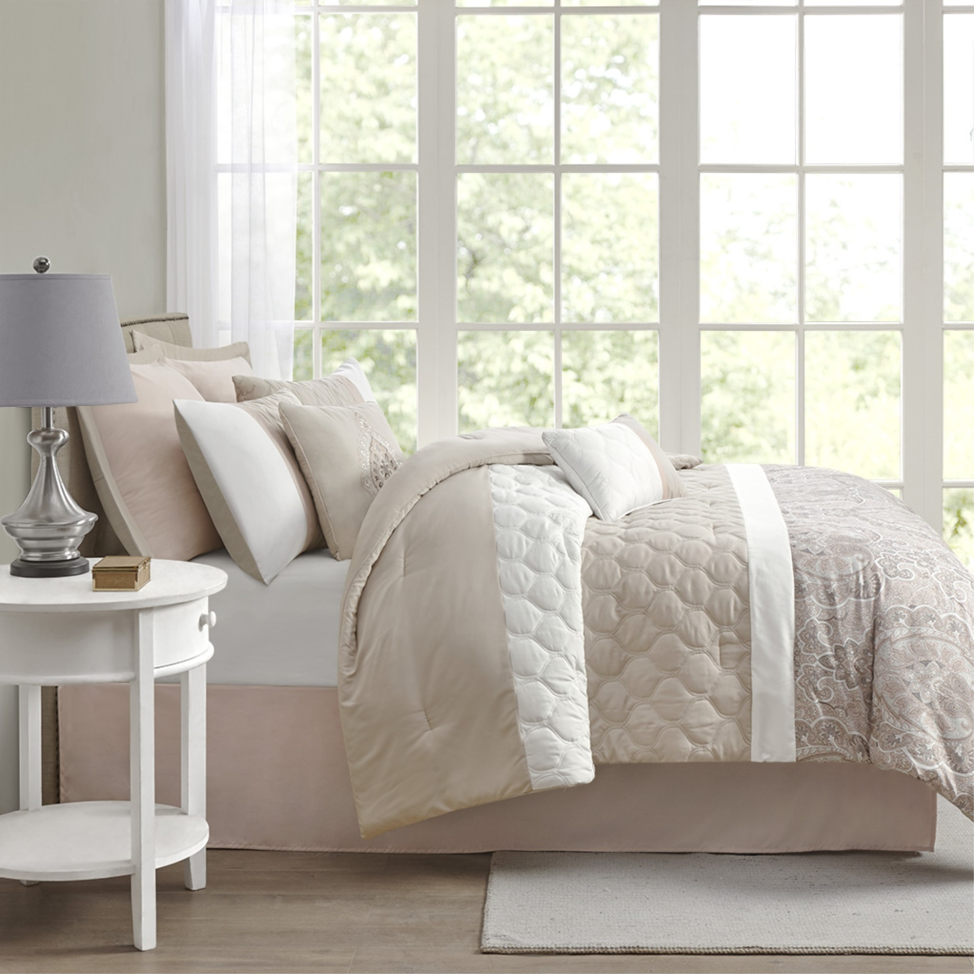 Ergode 8 Piece Comforter Set - Diamond Quilted Design, Blush and Taupe Damask Print, Ultra-Soft Microfiber, Hypoallergenic Polyester Fill, Machine Washable - Sophisticated Bedroom Charm