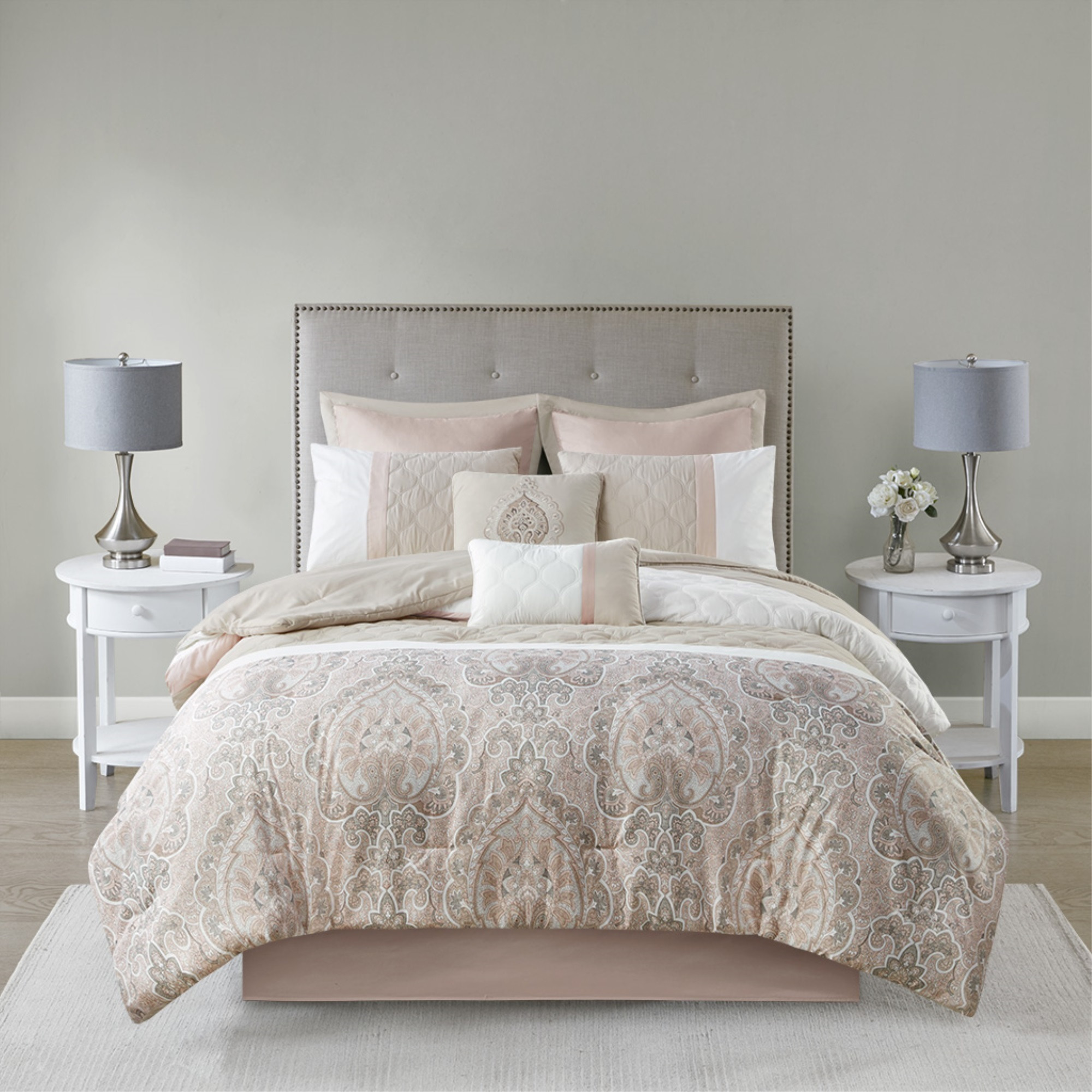 Ergode 8 Piece Comforter Set - Diamond Quilted Design, Blush and Taupe Damask Print, Ultra-Soft Microfiber, Hypoallergenic Polyester Fill, Machine Washable - Sophisticated Bedroom Charm