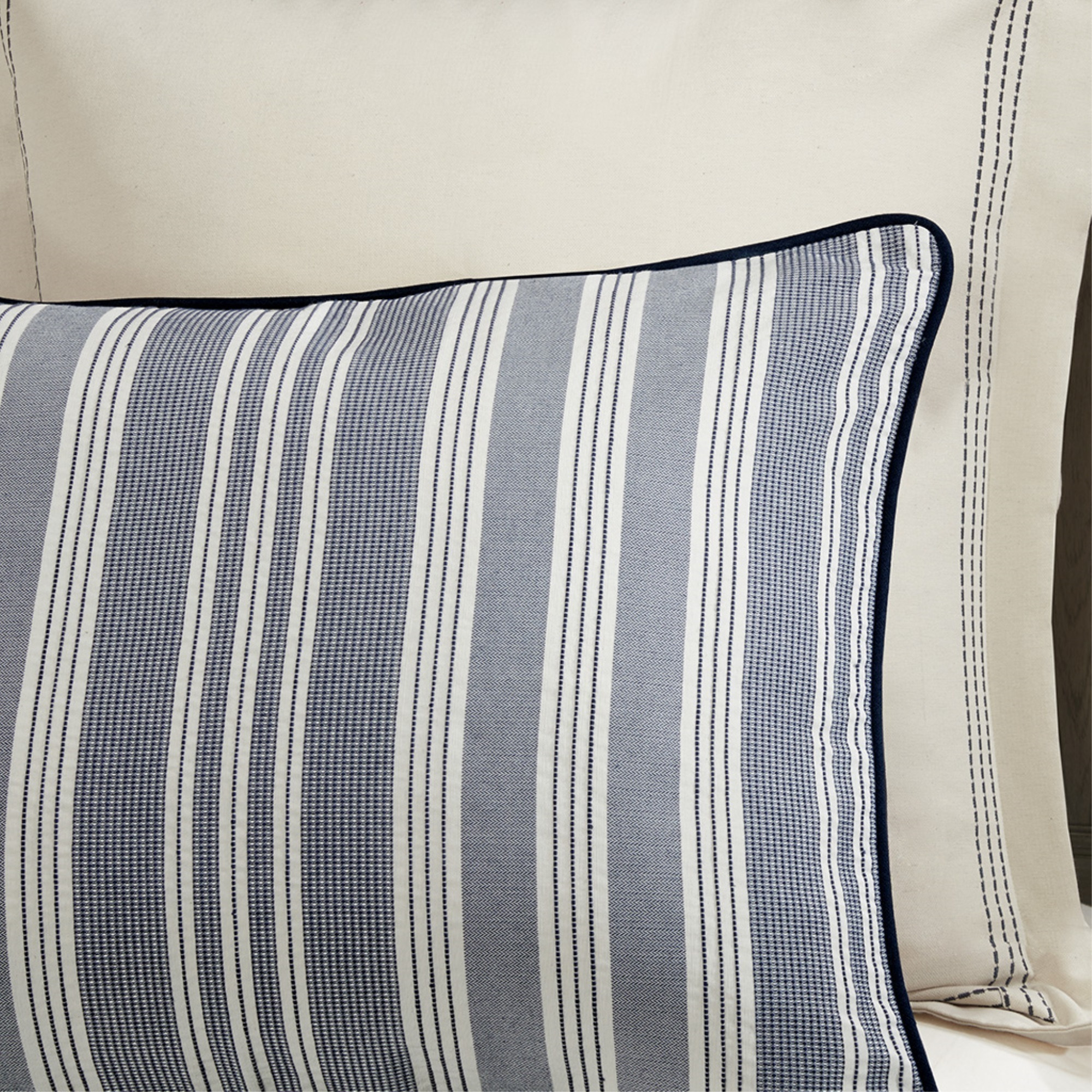 Ergode Comforter Set - Navy and Ivory Woven Jacquard Stripe Pattern - High-Quality Cotton Blend - Oversized and Overfilled - Removable Cover - Coordinating Shams and Euro Shams - Three Decorative Pillows - Machine Washable - Luxurious and Cozy Bedroom Upgrade