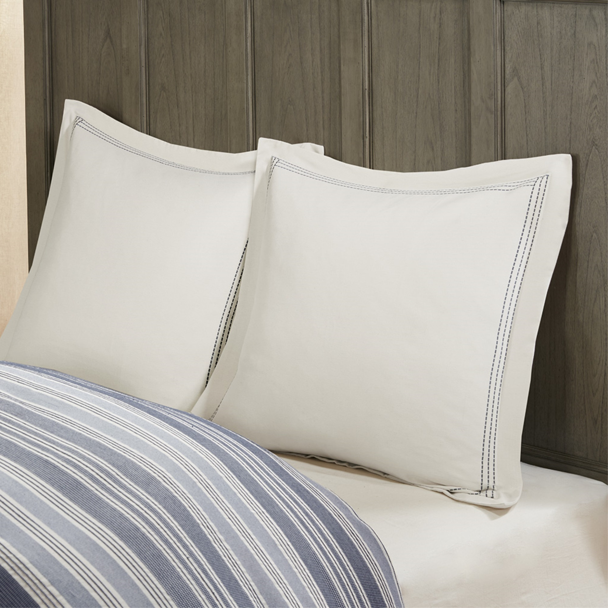 Ergode Comforter Set - Navy and Ivory Woven Jacquard Stripe Pattern - High-Quality Cotton Blend - Oversized and Overfilled - Removable Cover - Coordinating Shams and Euro Shams - Three Decorative Pillows - Machine Washable - Luxurious and Cozy Bedroom Upgrade
