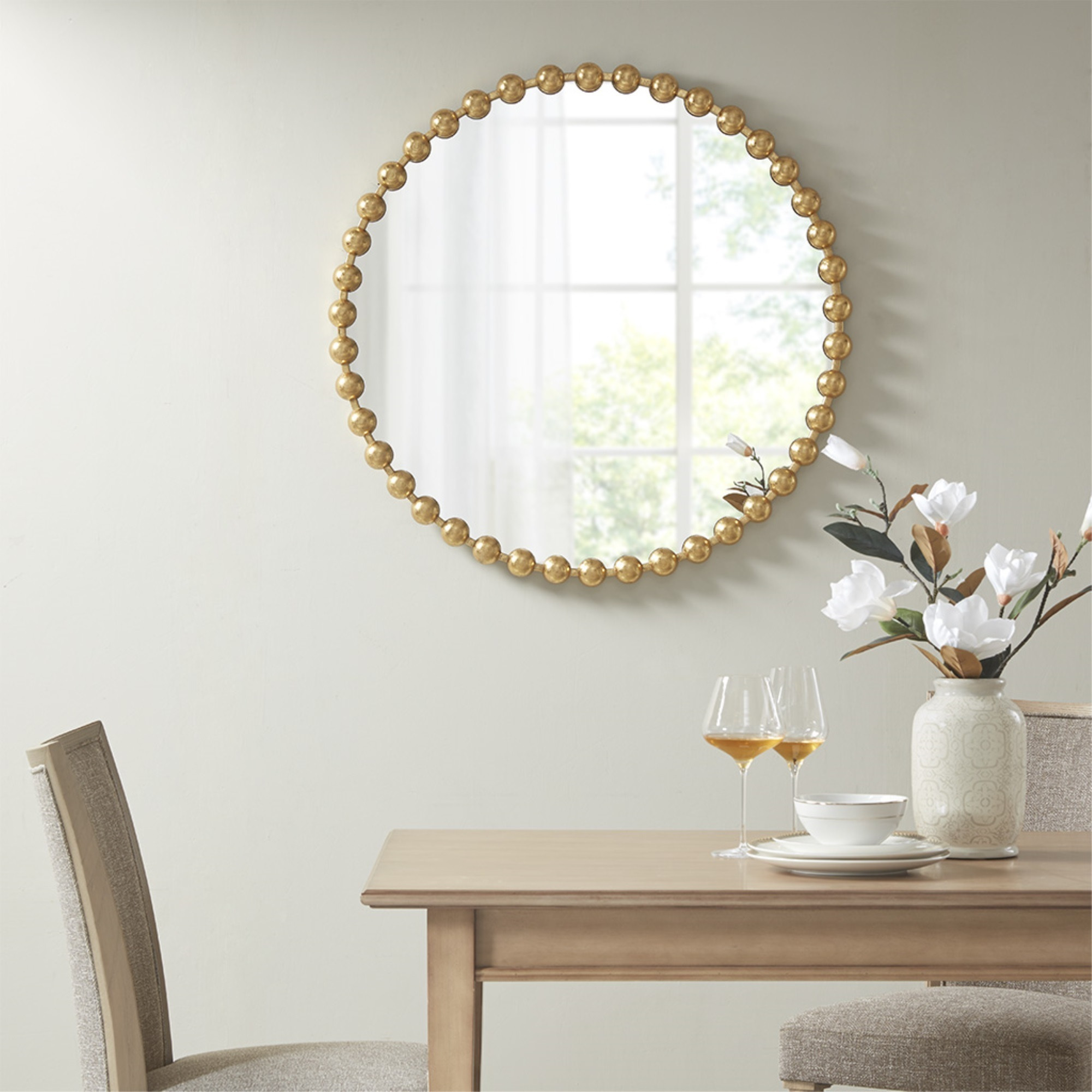 Ergode Beaded Round Wall Mirror - Exquisite Spherical Iron Frame with Antique Metallic Gold Foil Finish - Vintage Charm and Elegance - Distressed Pattern Effect - Easy to Hang - 36D