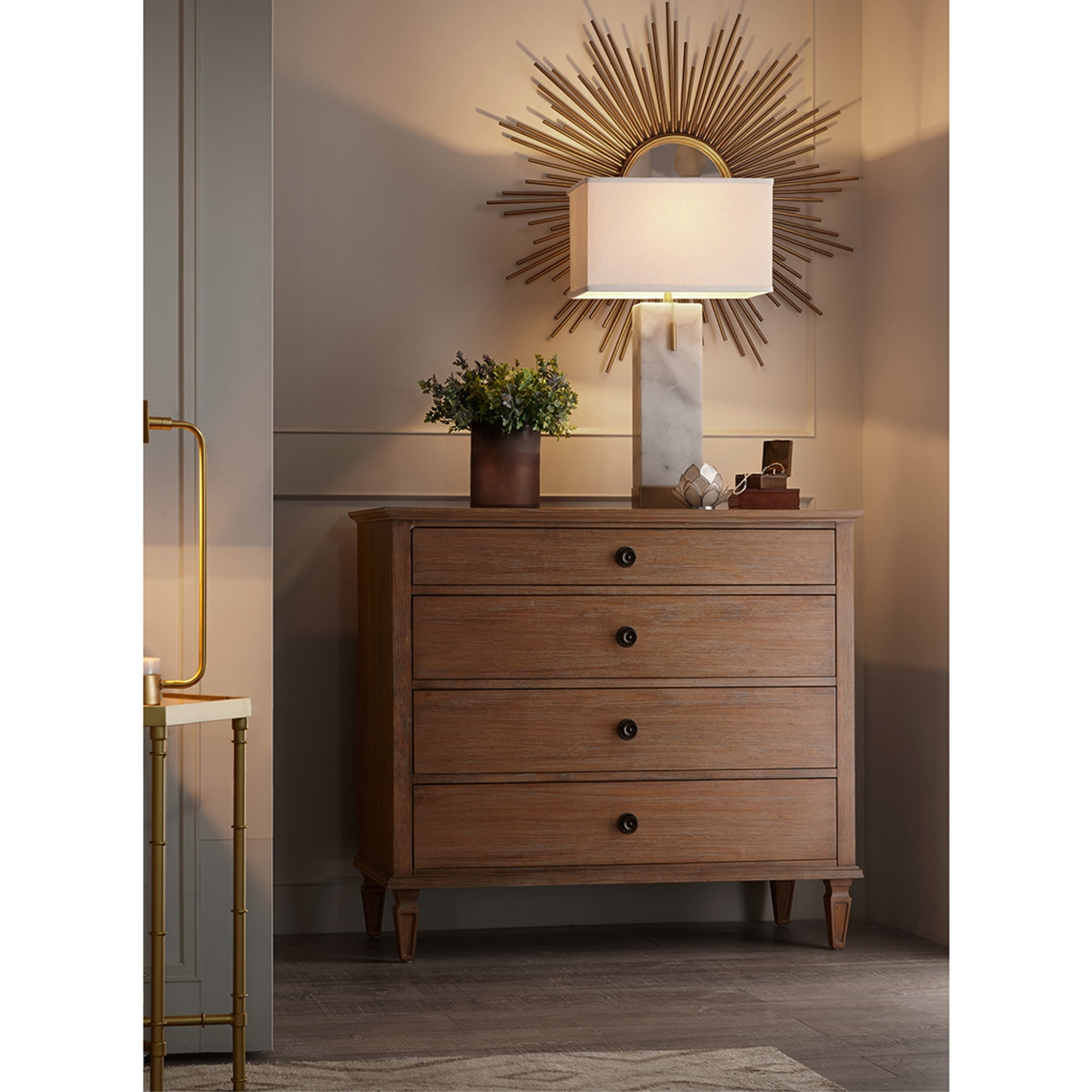 French Countryside Inspired Small Dresser with Rustic Elegance and Vintage Allure - Birch Veneer Finish, Antique Silver Pulls, Tapered Legs - Assembly Required