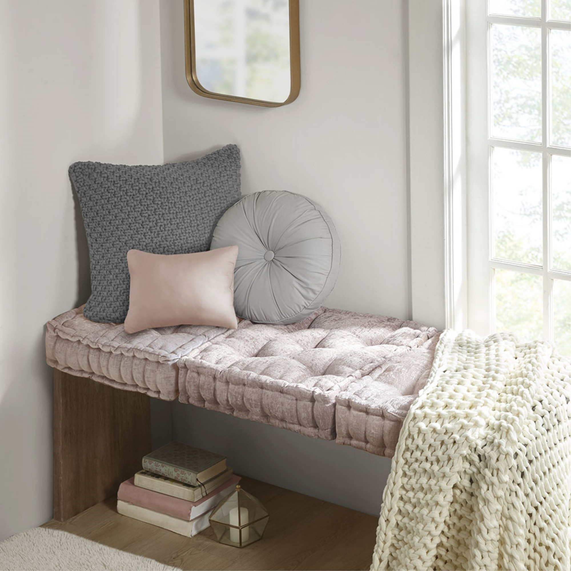 Ergode Chenille Square Floor Pillow Cushion - Soft Blush Color, Rich Textured Poly Chenille Fabric, Tufted Detailing, Scalloped Edge, 100% Polyester Filling, Versatile and Cozy Addition to Any Room