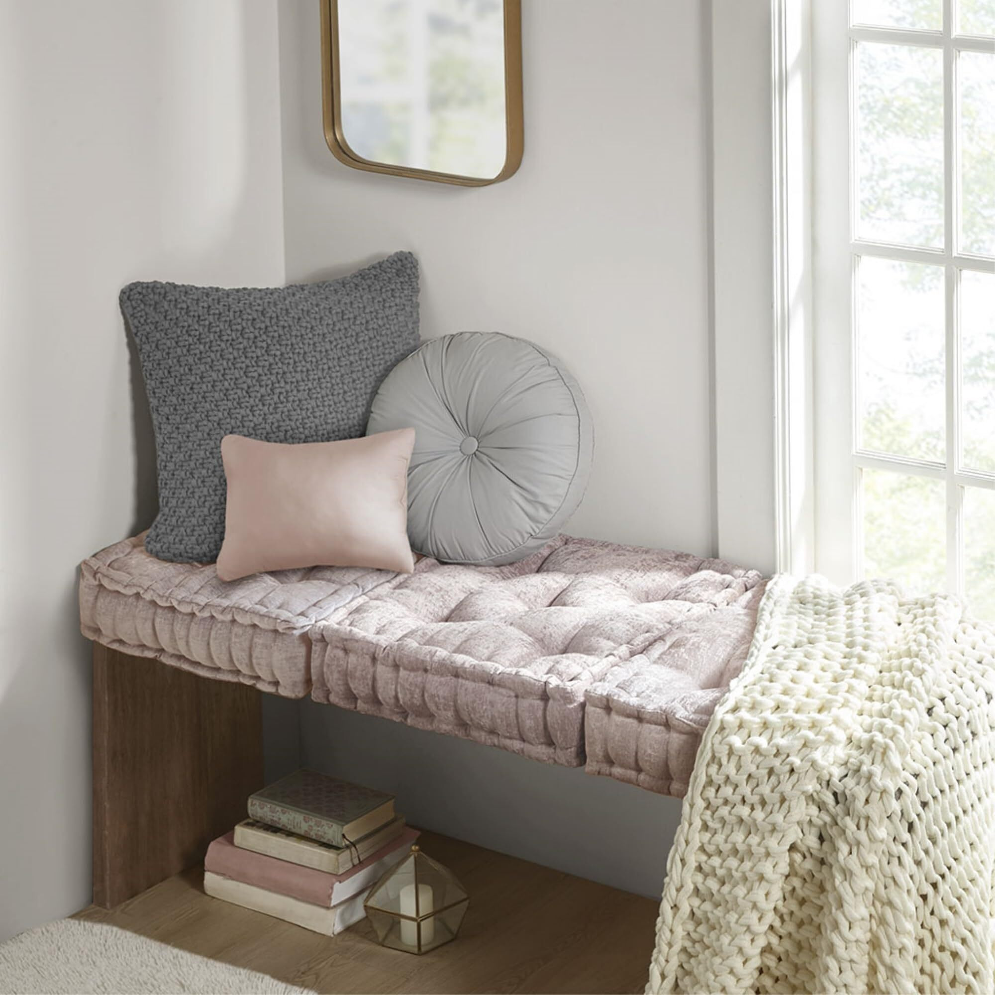 Ergode Chenille Square Floor Pillow Cushion - Soft Blush Color, Rich Textured Poly Chenille Fabric, Tufted Detailing, Scalloped Edge, 100% Polyester Filling, Versatile and Cozy Addition to Any Room