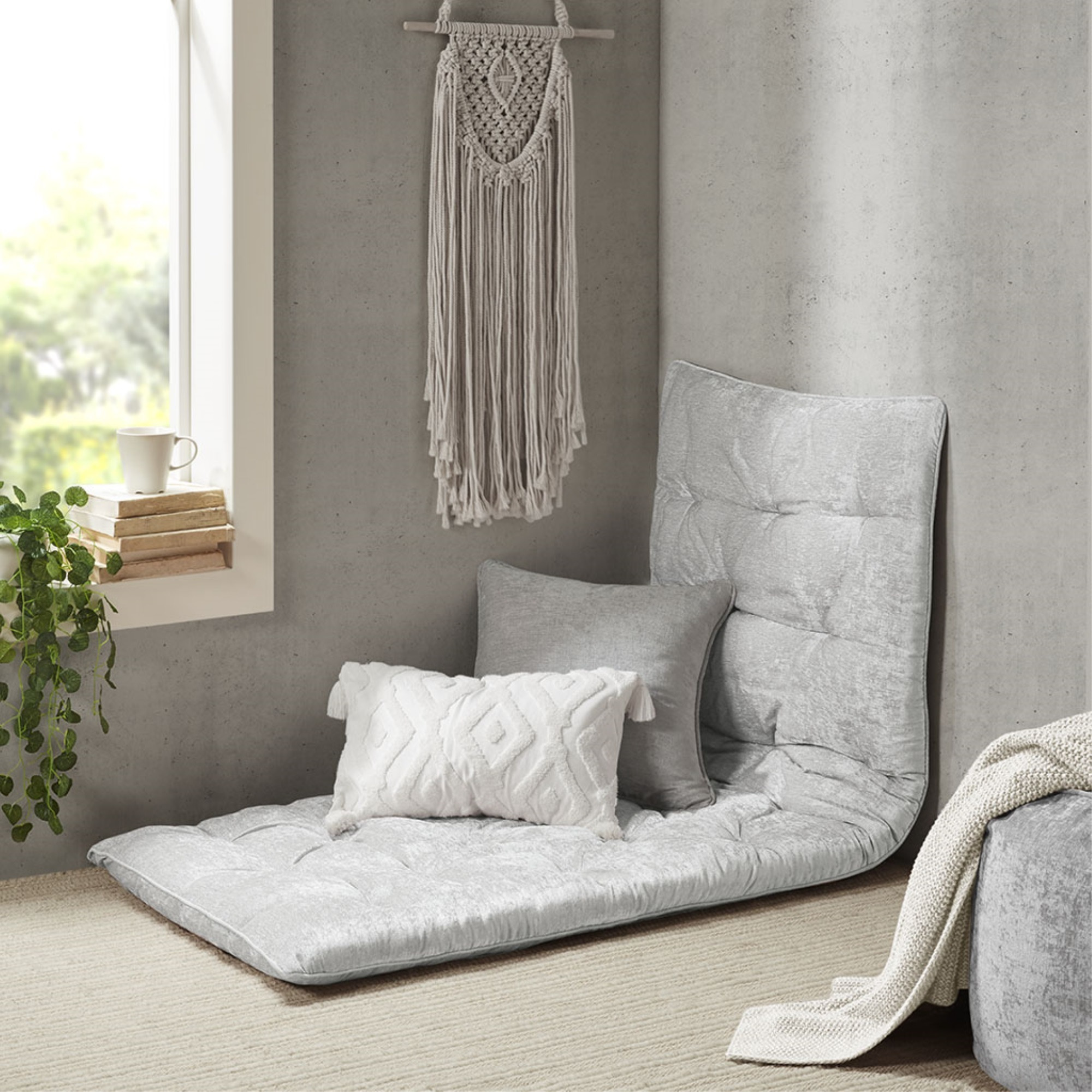 Ergode Poly Chenille Lounge Floor Pillow Cushion - Luxurious Comfort, Elegant Design, Soft Grey Color, Tufted Detailing, Generously Filled with Polyester, Includes Self-Fabric Travel Wrap.