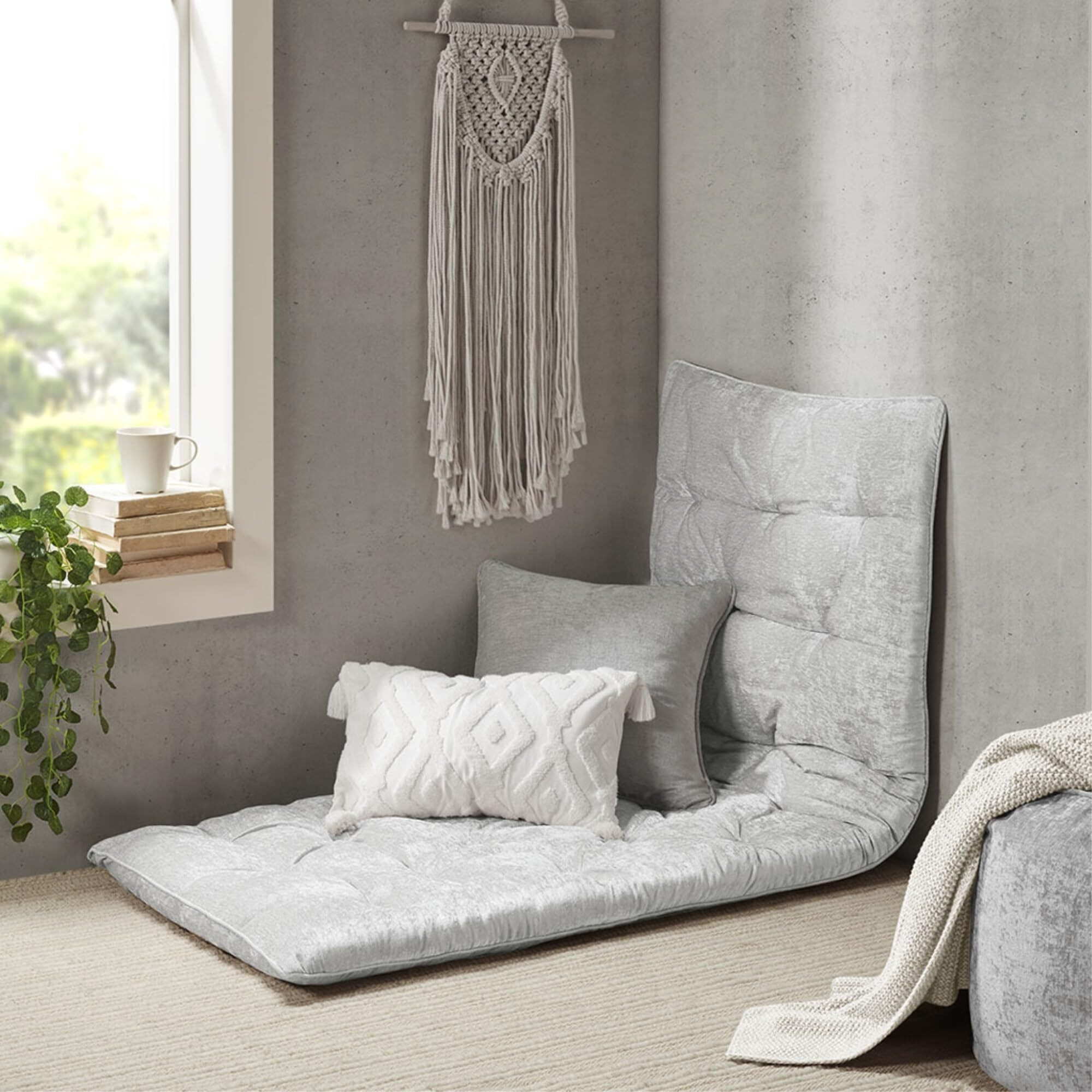 Ergode Poly Chenille Lounge Floor Pillow Cushion - Luxurious Comfort, Elegant Design, Soft Grey Color, Tufted Detailing, Generously Filled with Polyester, Includes Self-Fabric Travel Wrap.