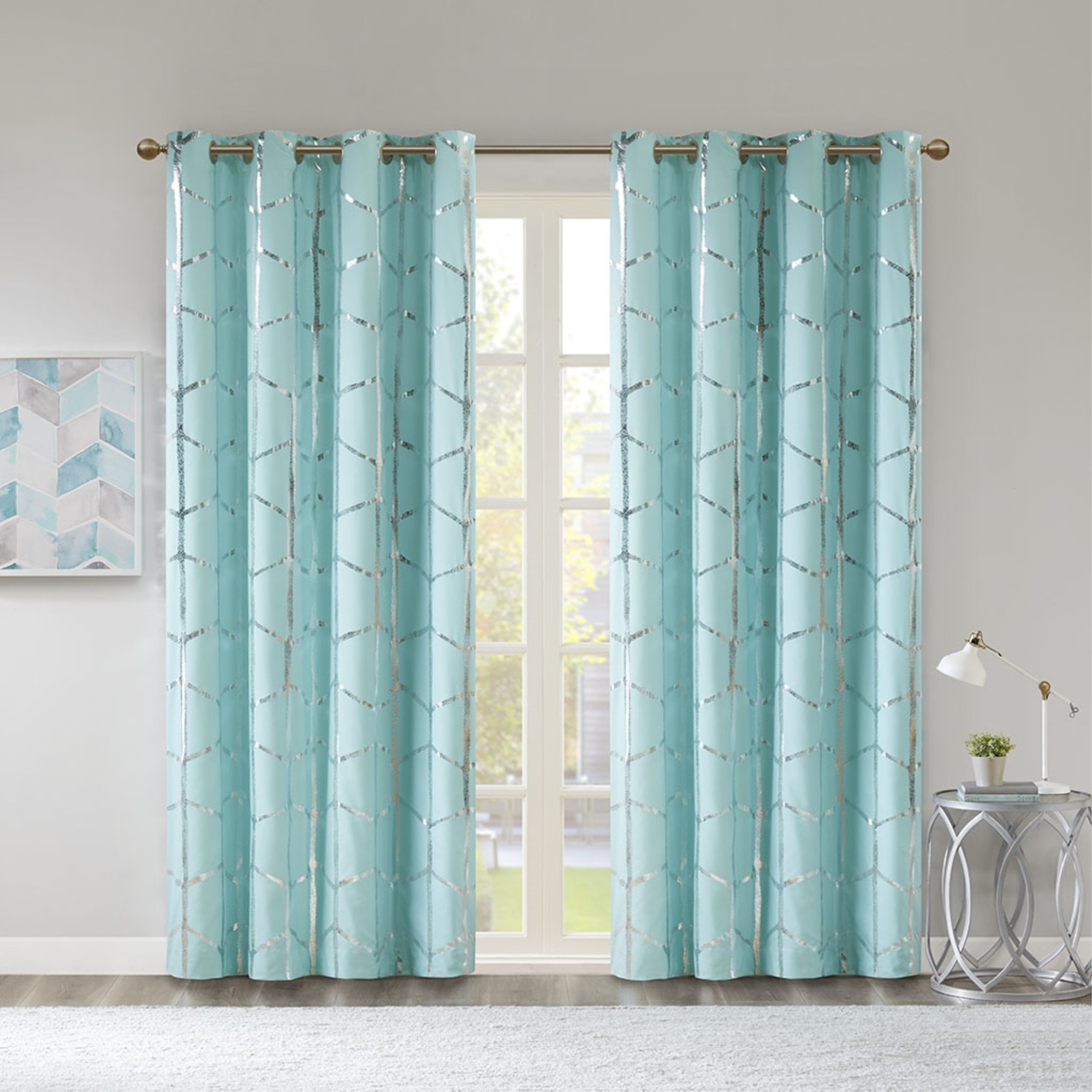 Ergode Window Panel - Geometric Design, Aqua Backdrop, Complete Blackout, Grommet Top, Machine Washable - Enhance Your Space with Captivating Elegance