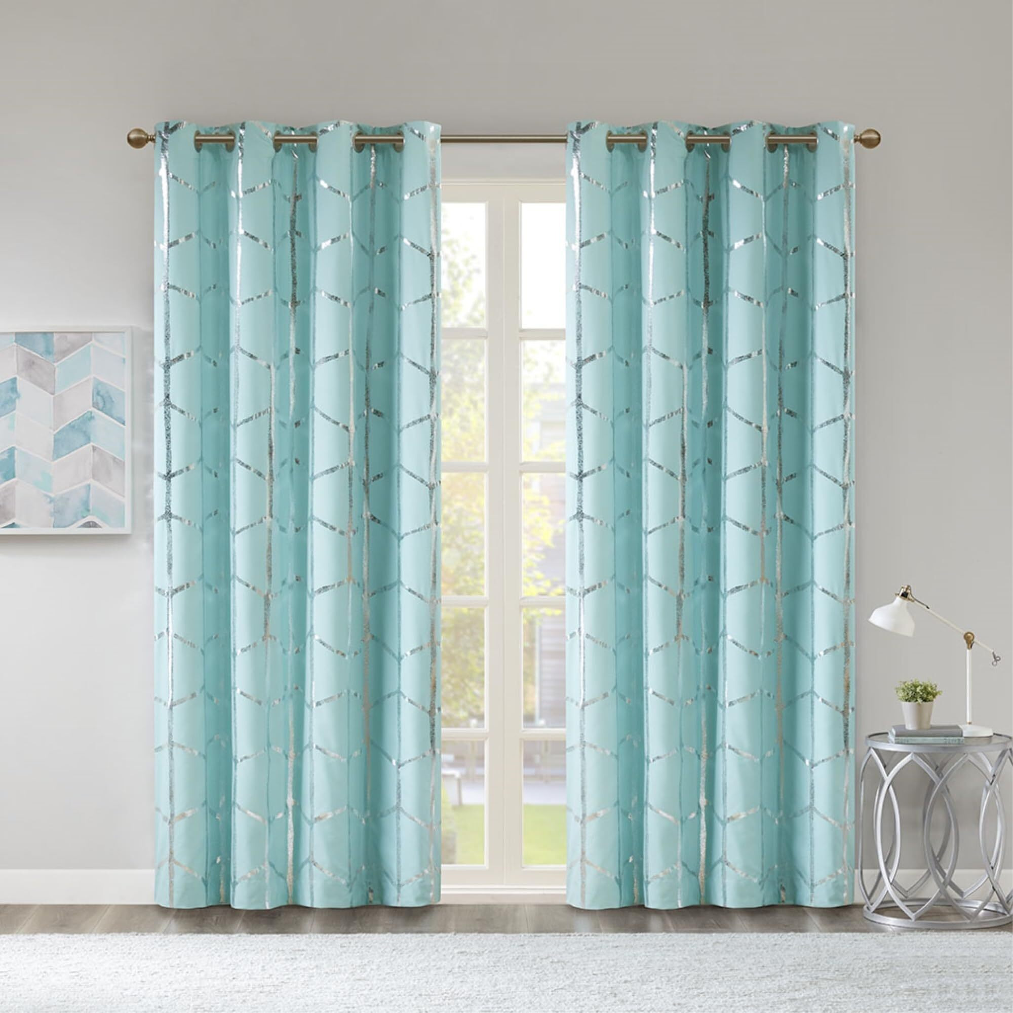 Ergode Window Panel - Geometric Design, Aqua Backdrop, Complete Blackout, Grommet Top, Machine Washable - Enhance Your Space with Captivating Elegance