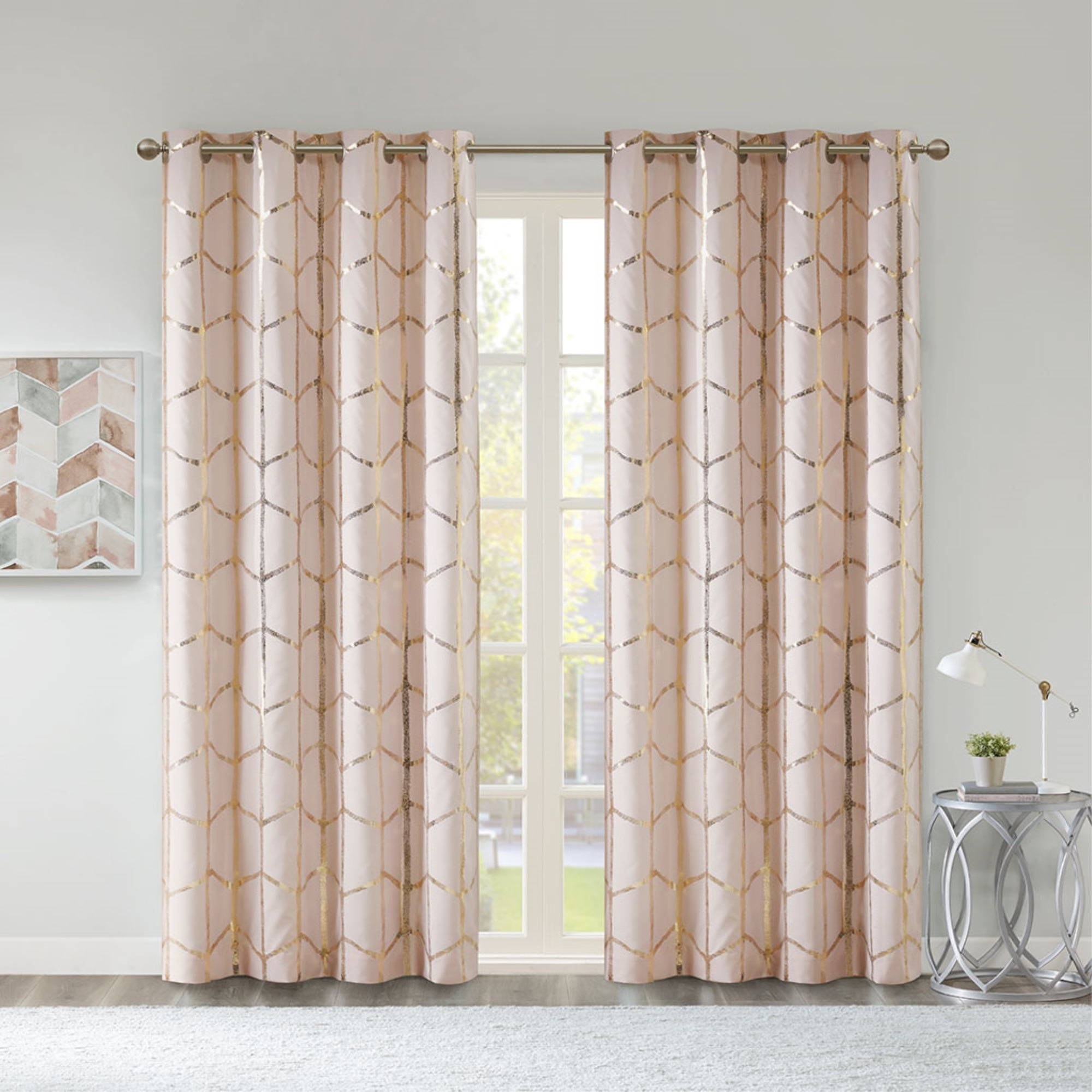 Ergode Window Panel - Metallic Gold Print, Geometric Pattern, Soft Blush Backdrop - Complete Blackout, Energy Efficient, Privacy - Grommet Top Design, Machine Washable - Enhance Your Space