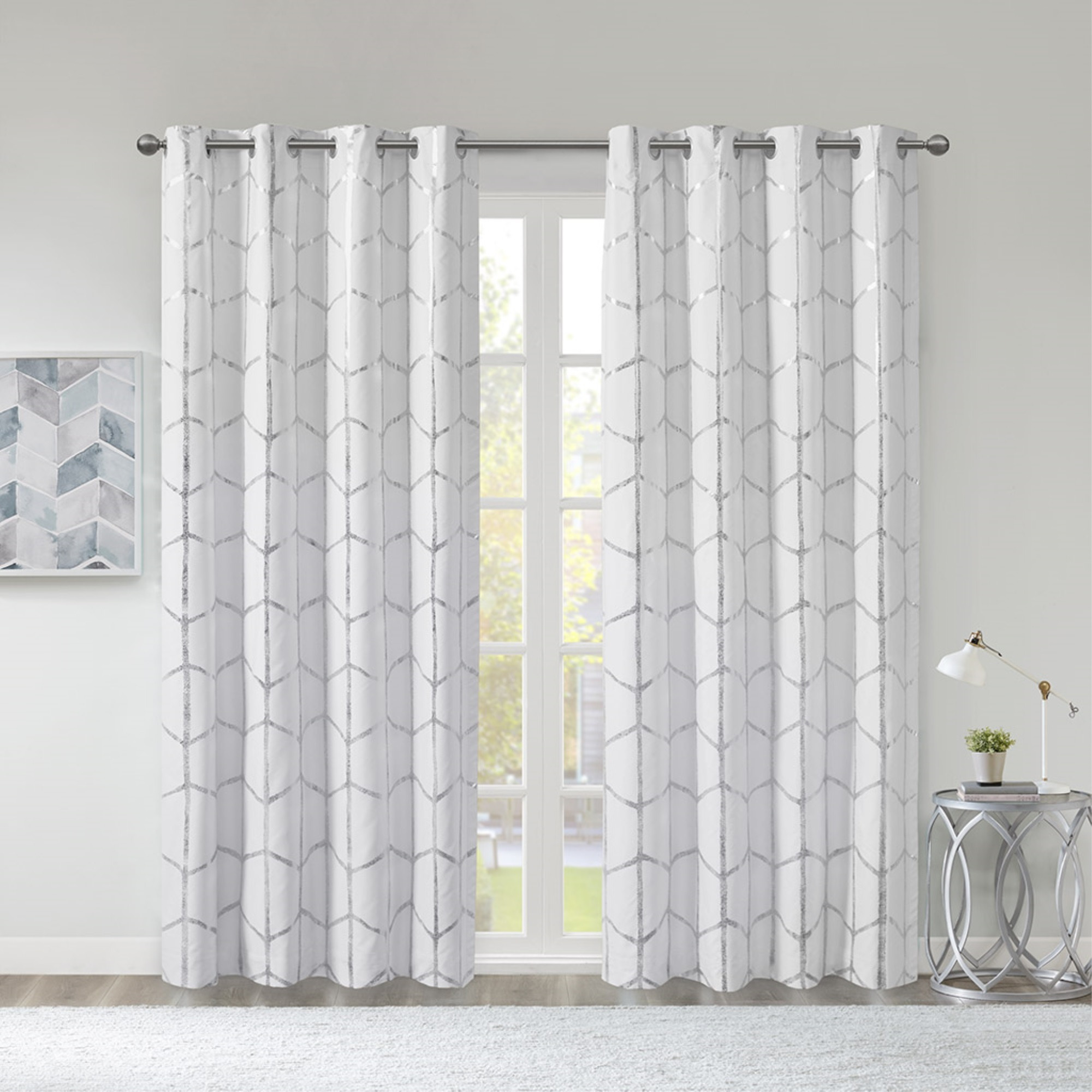 Ergode Window Panel - Geometric Design, Metallic Silver Print, Complete Blackout, Energy Efficient, Grommet Top, Machine Washable, Coordinating Bedding and Shower Curtain.
