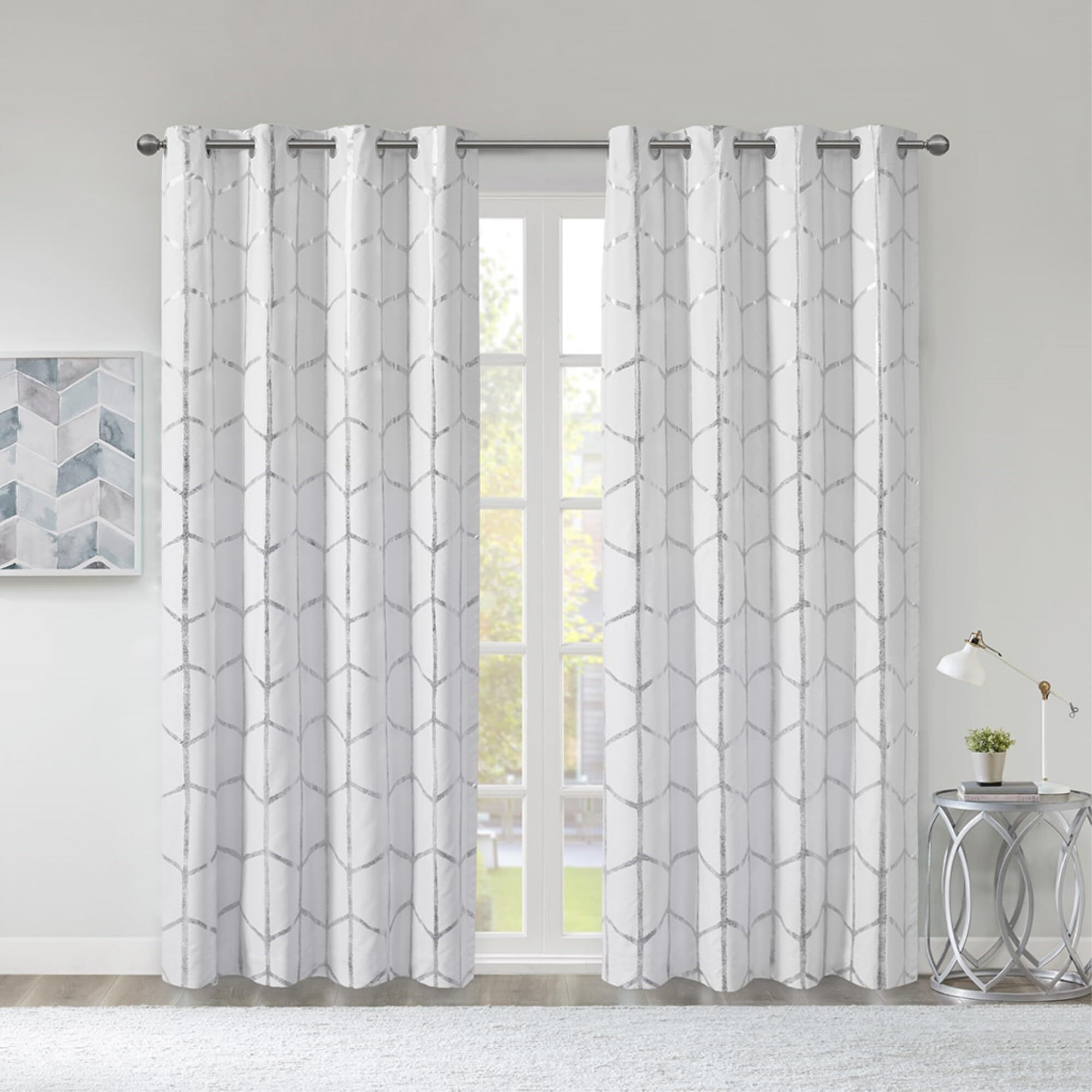 Ergode Window Panel - Geometric Design, Metallic Silver Print, Complete Blackout, Energy Efficient, Grommet Top, Machine Washable, Coordinating Bedding and Shower Curtain.