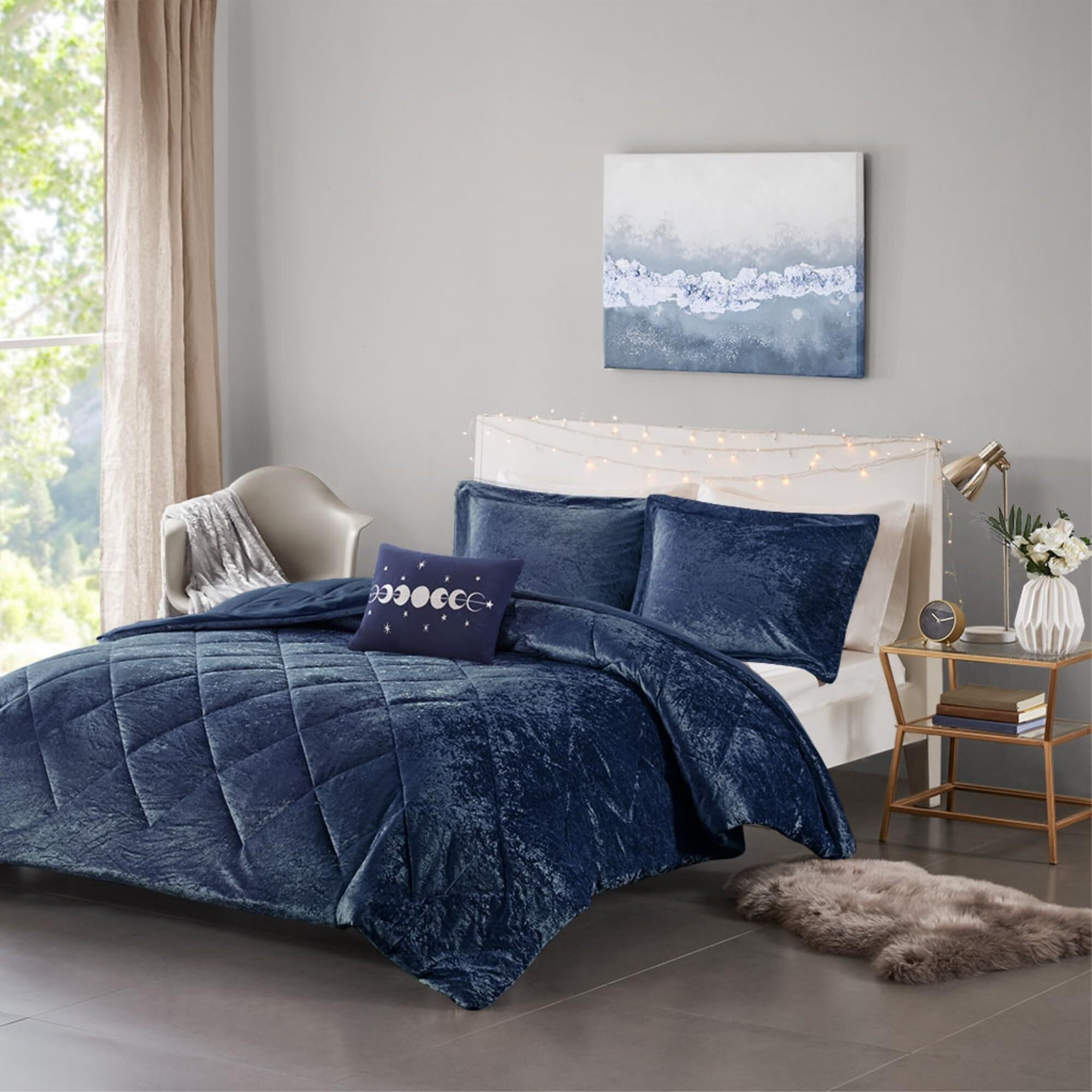 Ergode Velvet Comforter Set - Navy, Diamond Quilted, Hypoallergenic, Machine Washable - Transform Your Bedroom into a Serene Oasis - Includes Shams and Decorative Pillow