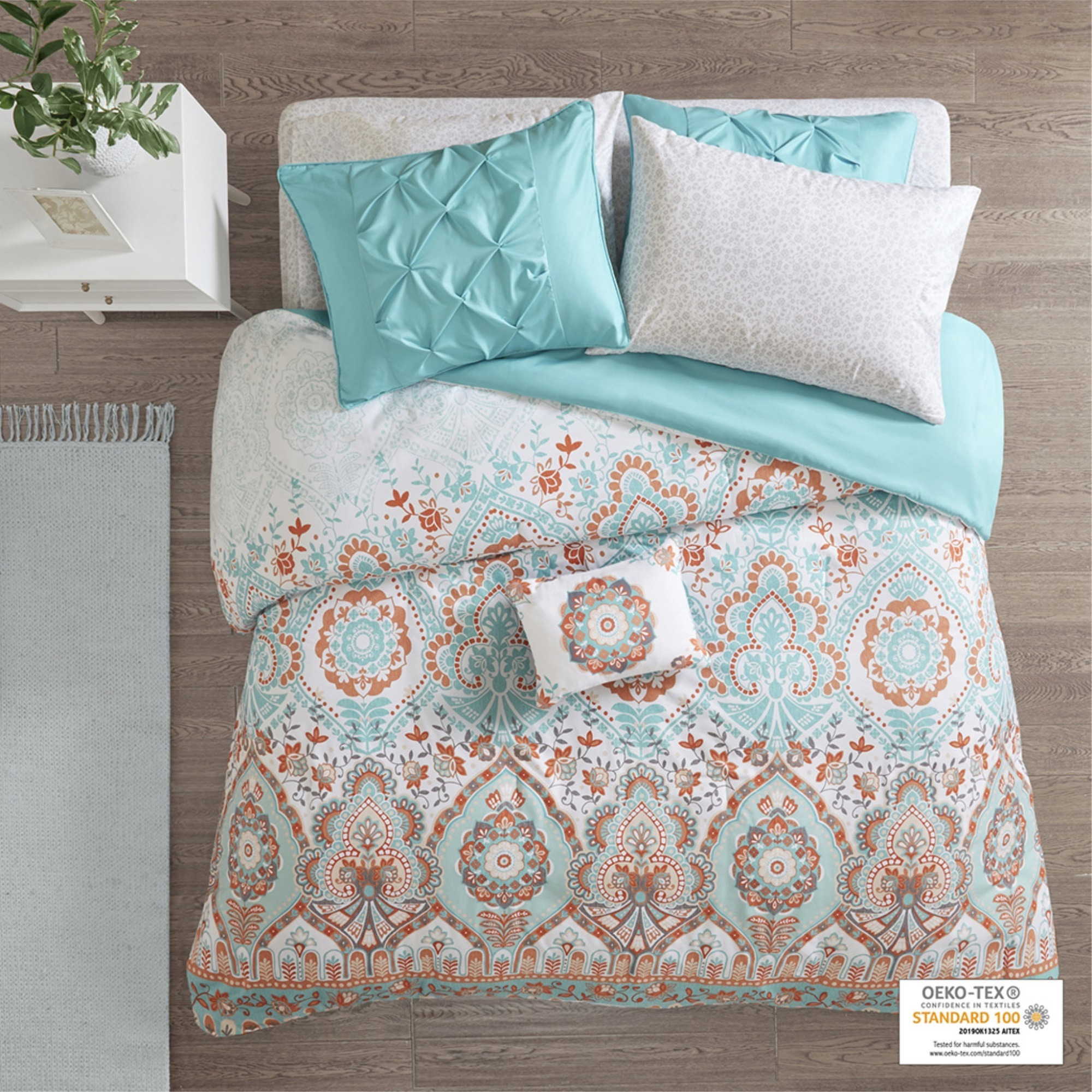 Ergode Boho Comforter Set with Bed Sheets - Aqua/Orange Global Pattern, OEKO-TEX Certified, Antimicrobial Treatment, Includes Shams & Decorative Pillow