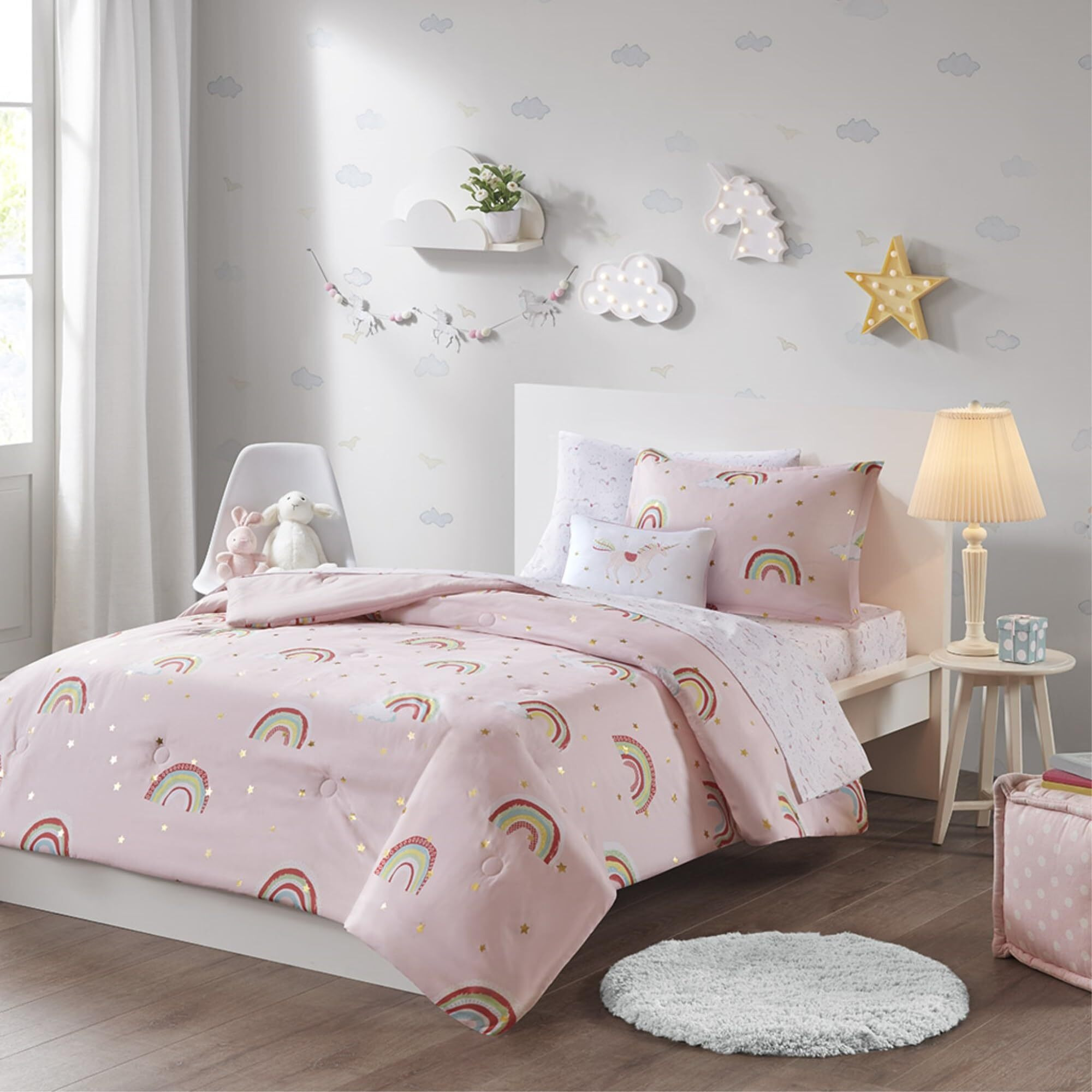 Adorable Rainbow and Metallic Stars Comforter Set with Unicorn Print Sheets - Hypoallergenic, Dustproof, OEKO-TEX Certified - Perfect for Kids' Bedrooms