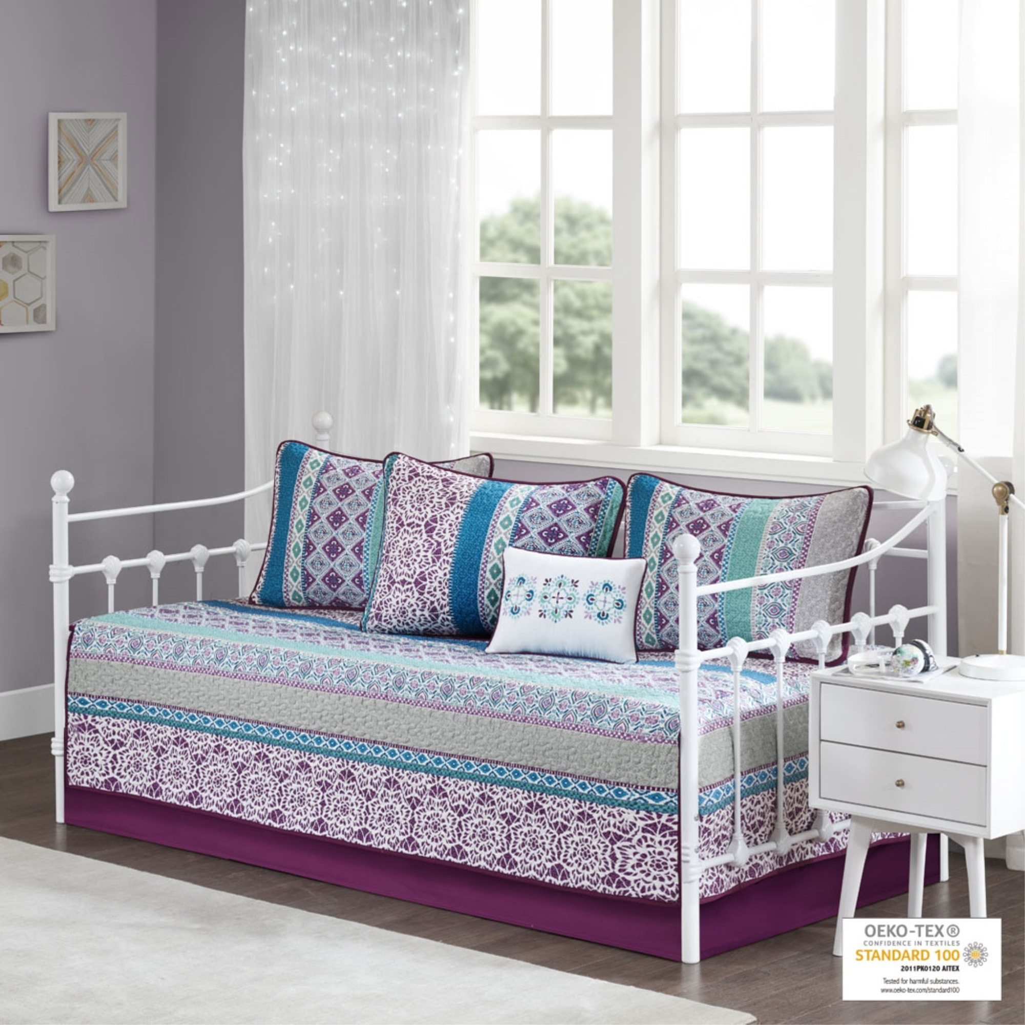 Ergode 6 Piece Boho Reversible Daybed Set - Trendy and Vibrant Global Prints - Includes Shams, Pillow, and Bedskirt - OEKO-TEX Certified - Antimicrobial - Fits Twin Size Mattress