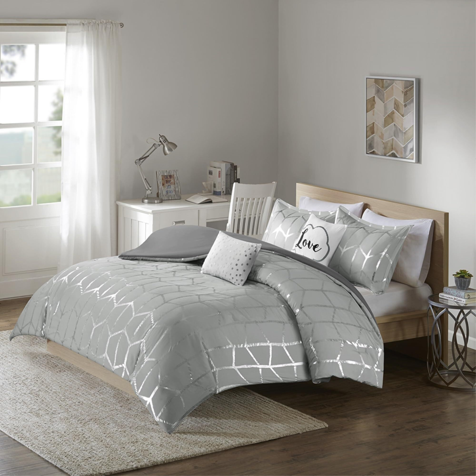 Ergode Printed Duvet Cover Set - Geometric Pattern, Silver and Grey, Includes Shams and Decorative Pillows, Antimicrobial Treatment, Easy to Use, Elevate Your Bedroom's Style and Comfort
