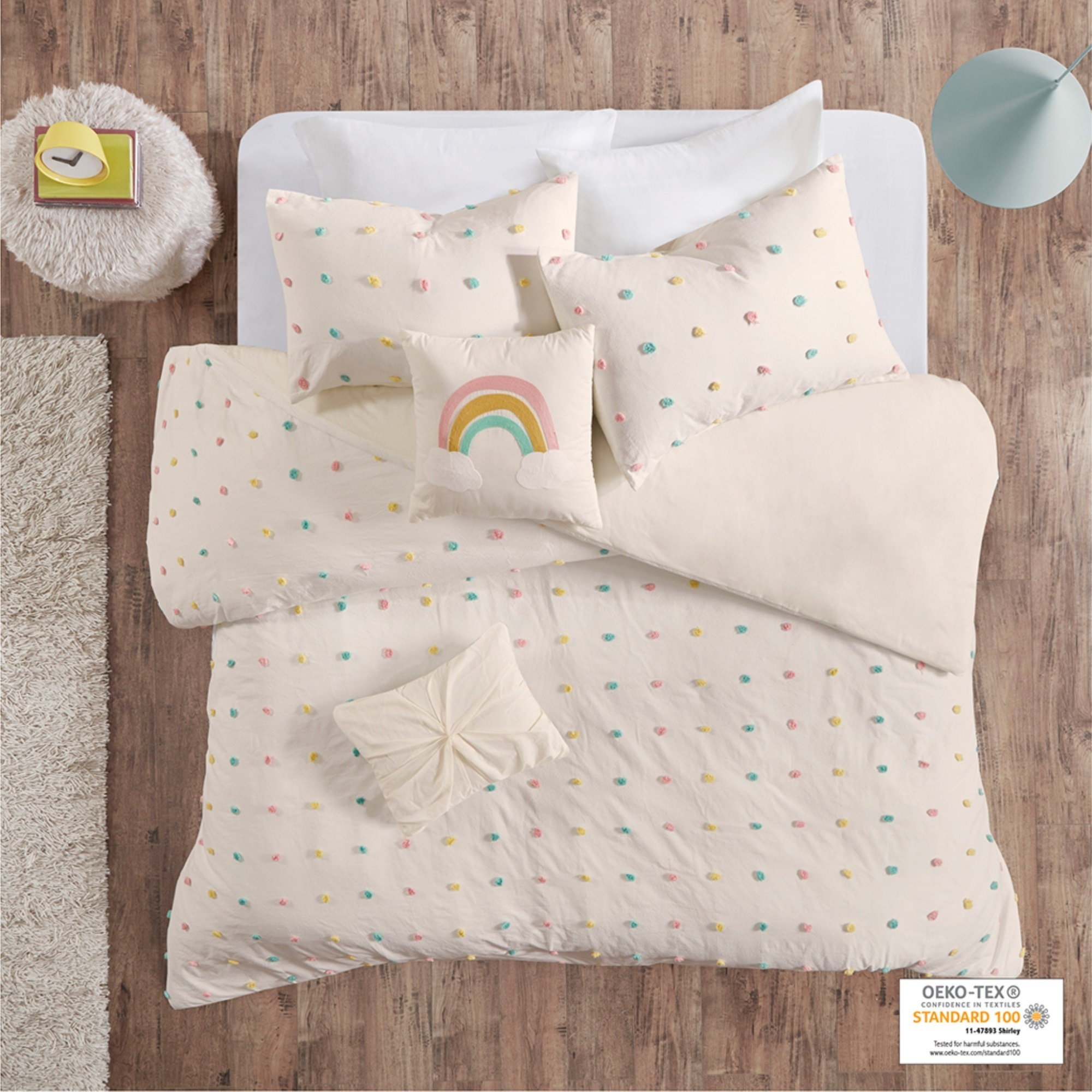 Ergode Cotton Jacquard Pom Pom Duvet Cover Set - Charming and Cozy Bedding for Kids' Bedroom - OEKO-TEX Certified, Antimicrobial, Machine Washable - Includes Shams and Decorative Pillows - Twin Size