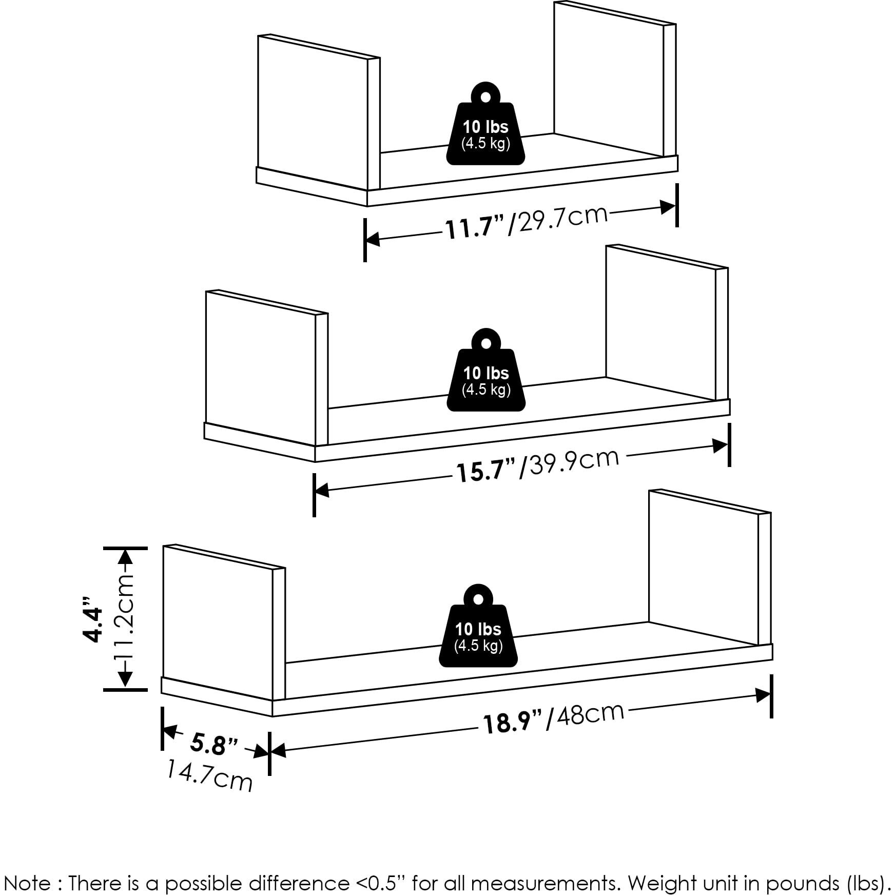 Furinno Rossi Bedroom Decor Wall Mounted Floating Display Shelves with Invisible Brackets, Espresso, Set of 3
