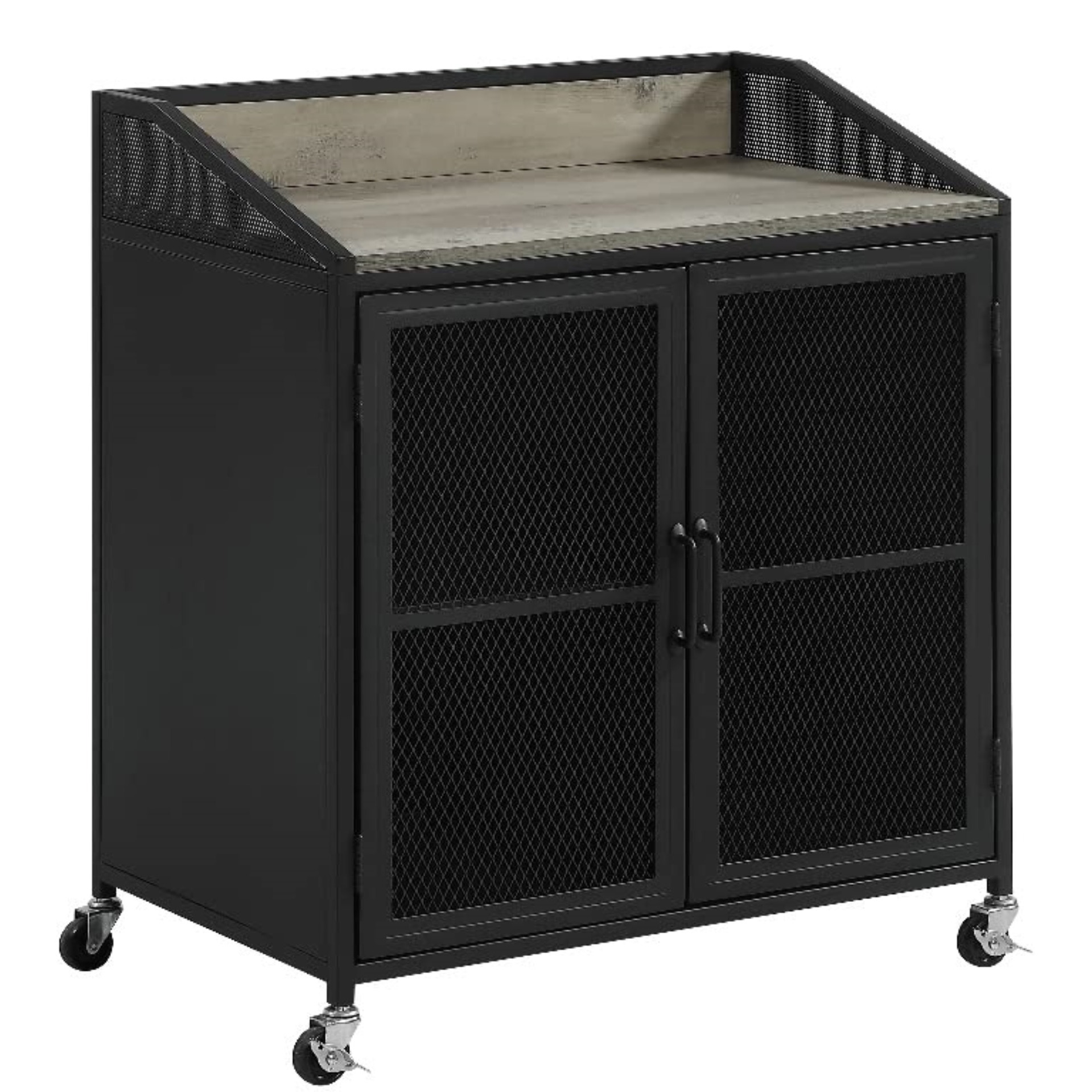 Arlette Wine Cabinet with Wire Mesh Doors Grey Wash and Sandy Black