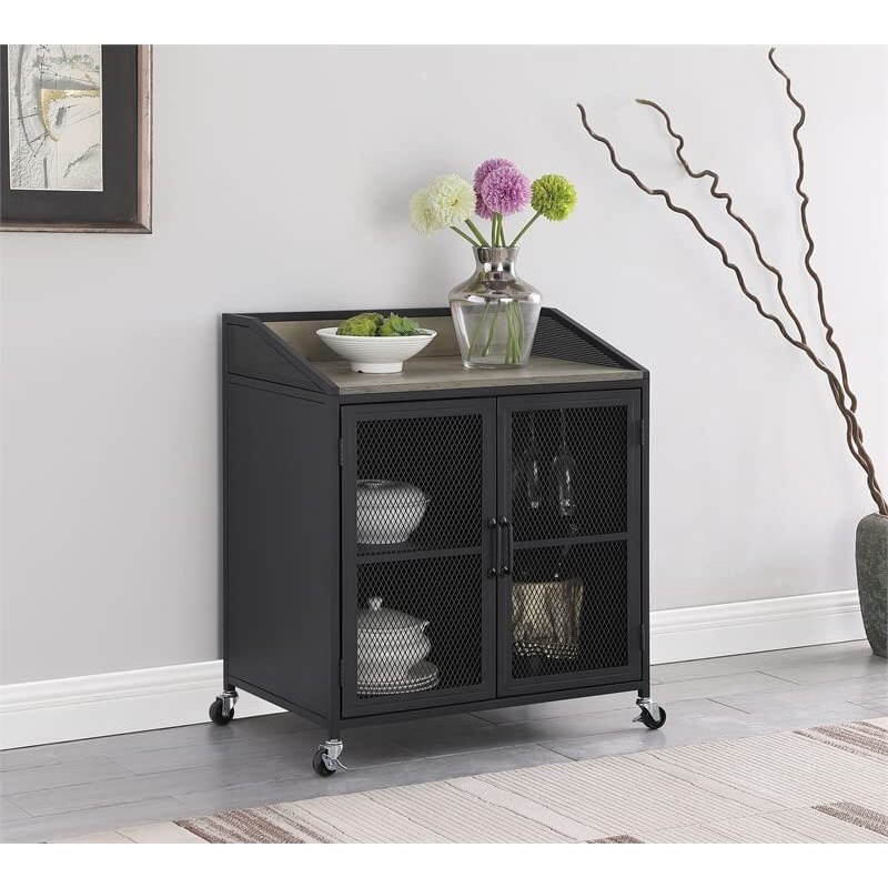 Arlette Wine Cabinet with Wire Mesh Doors Grey Wash and Sandy Black