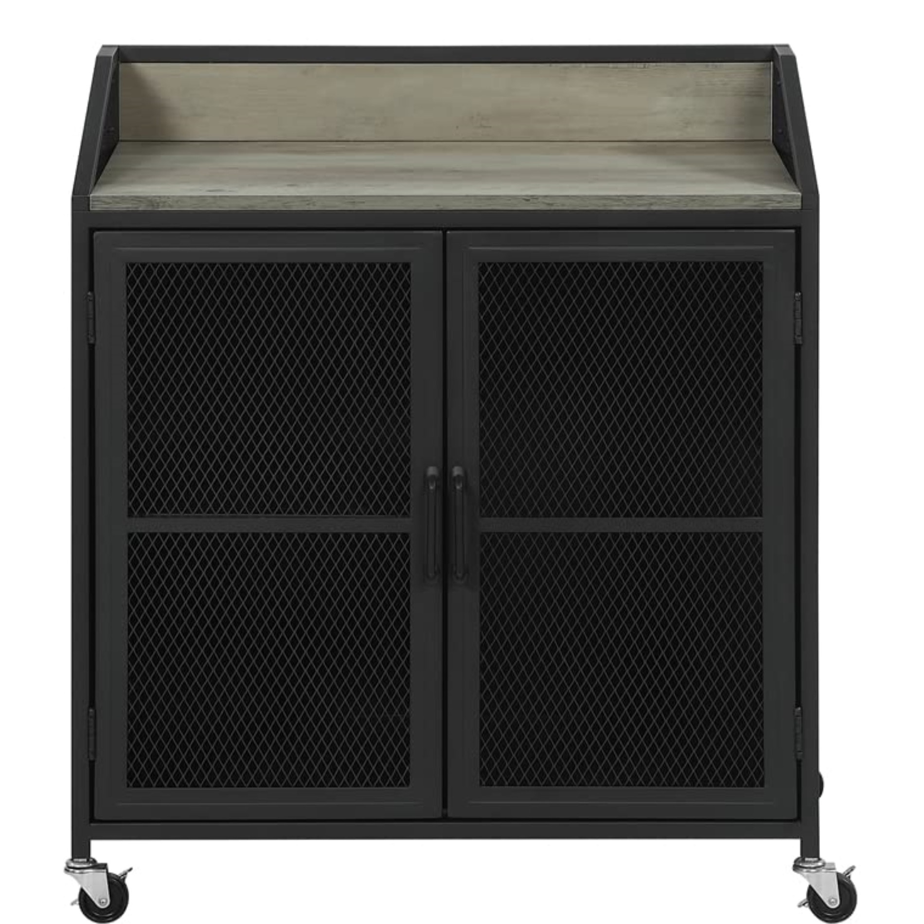 Arlette Wine Cabinet with Wire Mesh Doors Grey Wash and Sandy Black